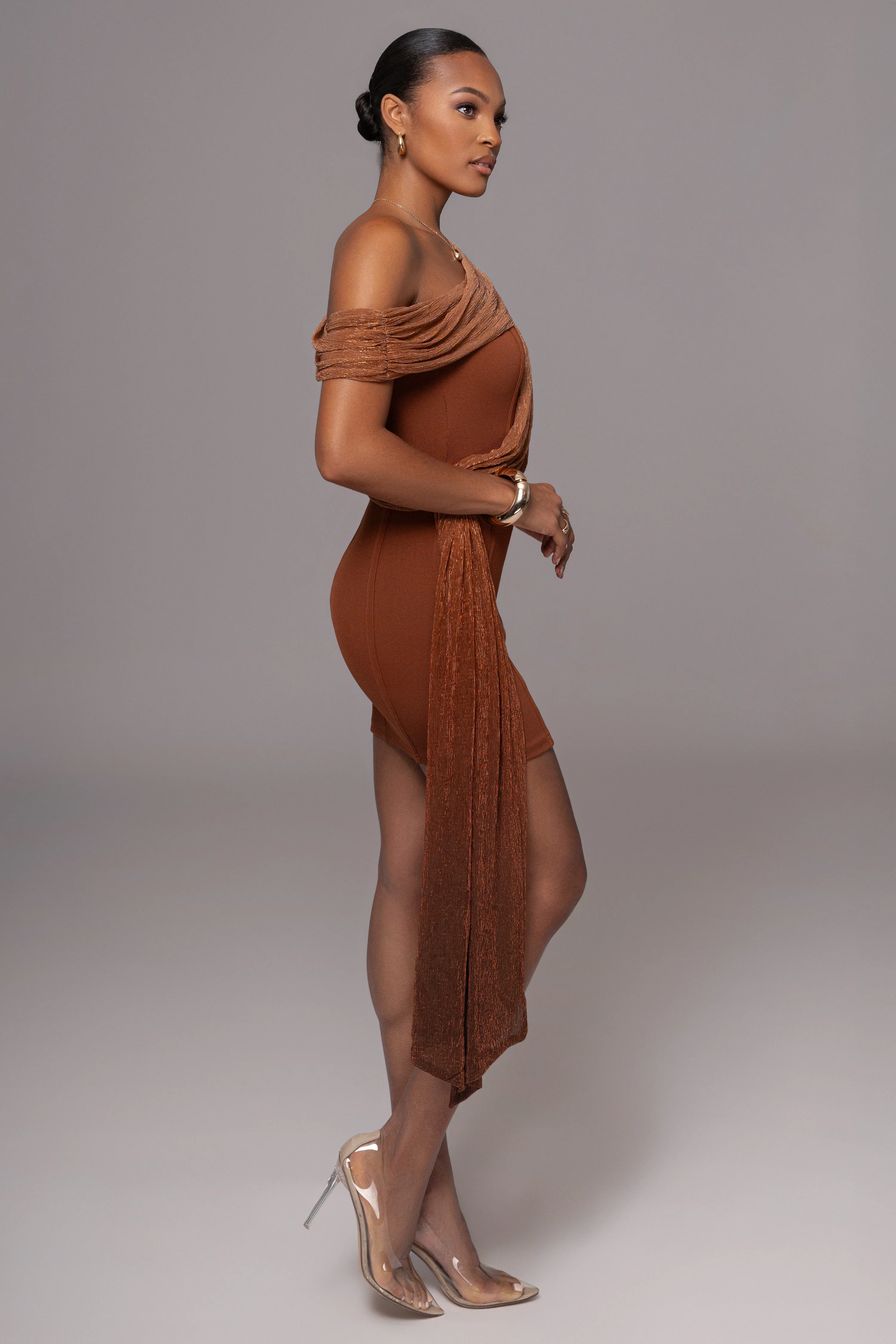Bronze Asymmetric Drape Mini Dress - Image 3