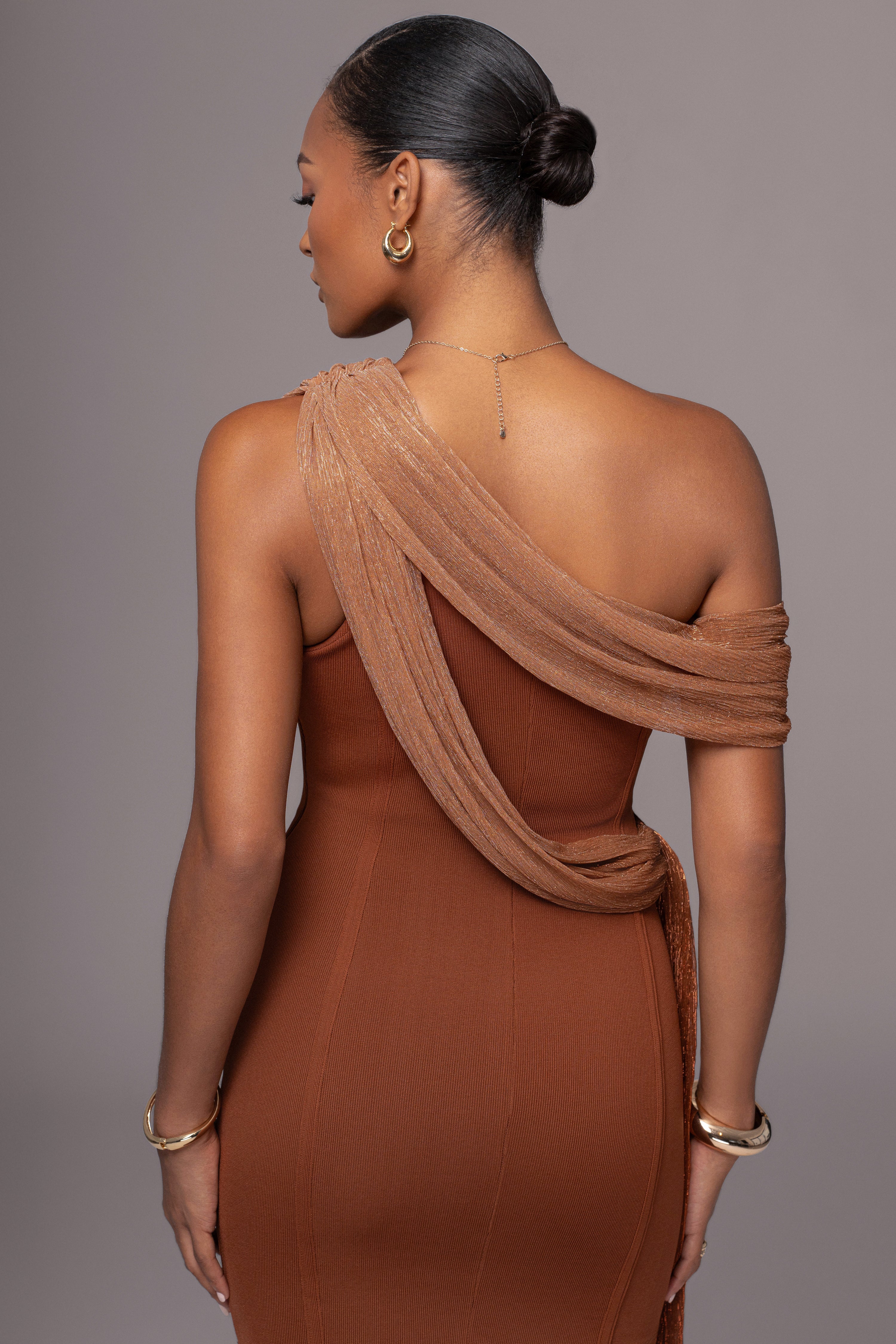 Bronze Asymmetric Drape Mini Dress - Image 6