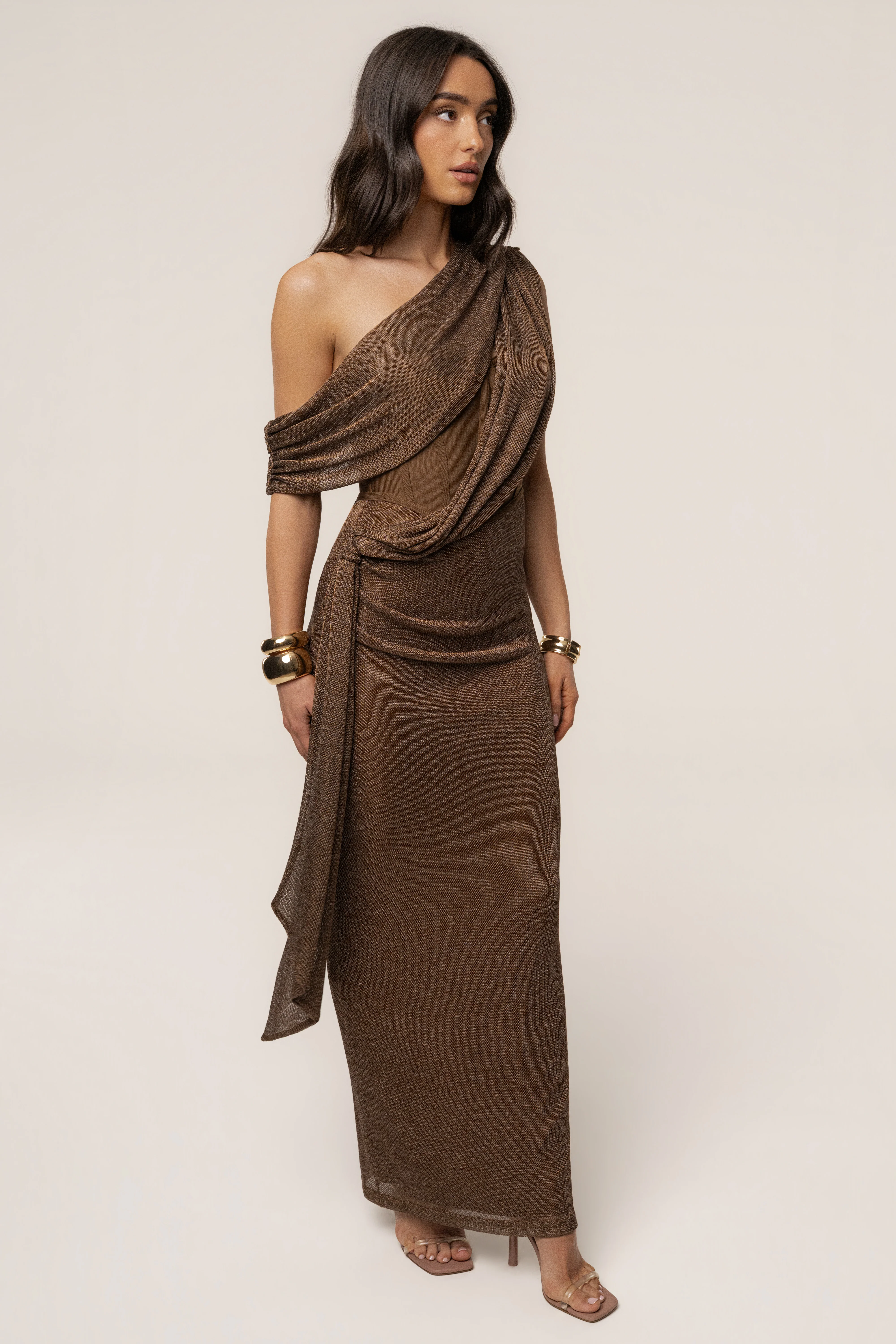 Bronze Metallic Celestina Draped Maxi Dress - Image 4