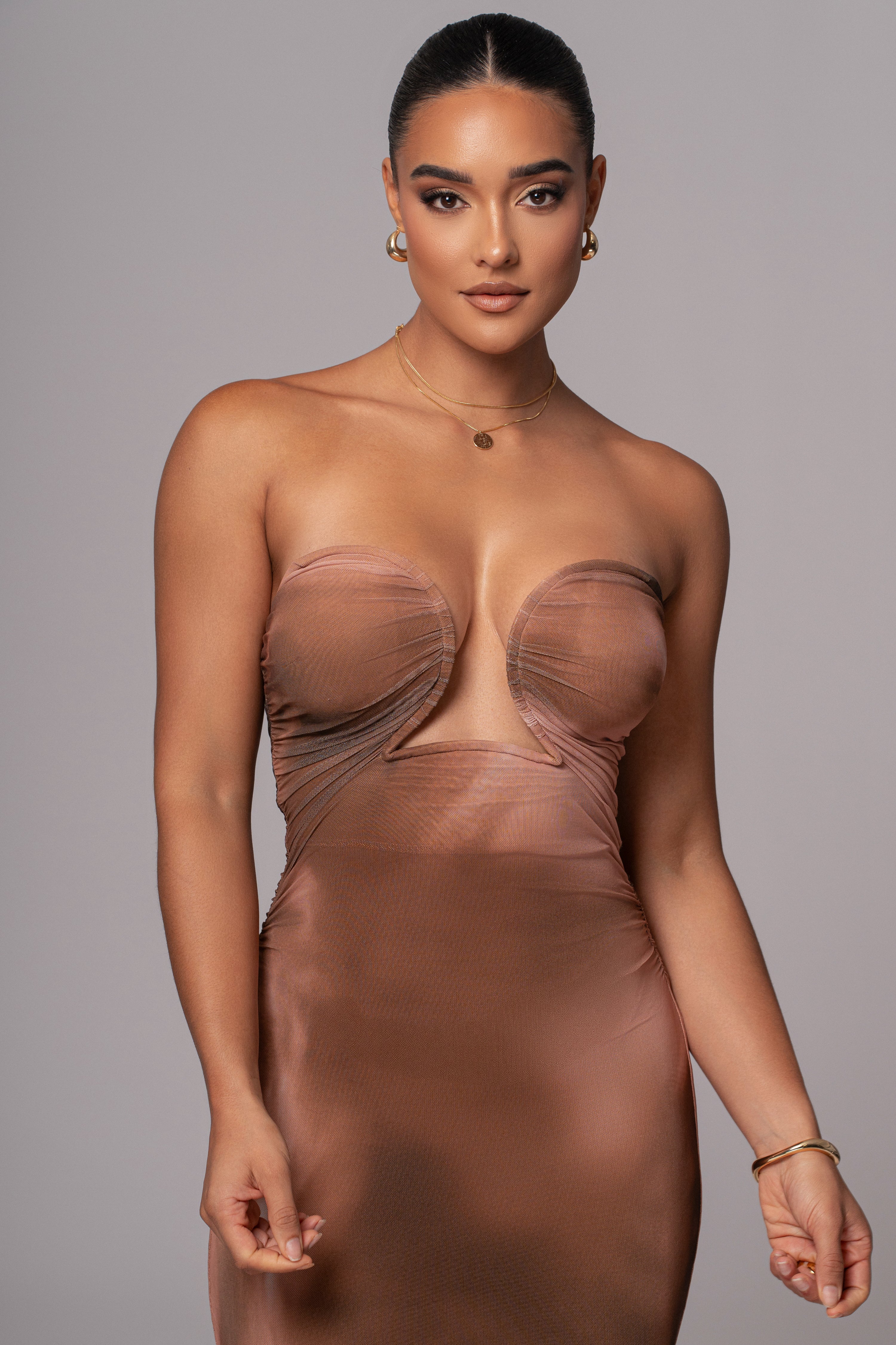 Brown Abstract Bethany Strapless Maxi Dress - Image 4