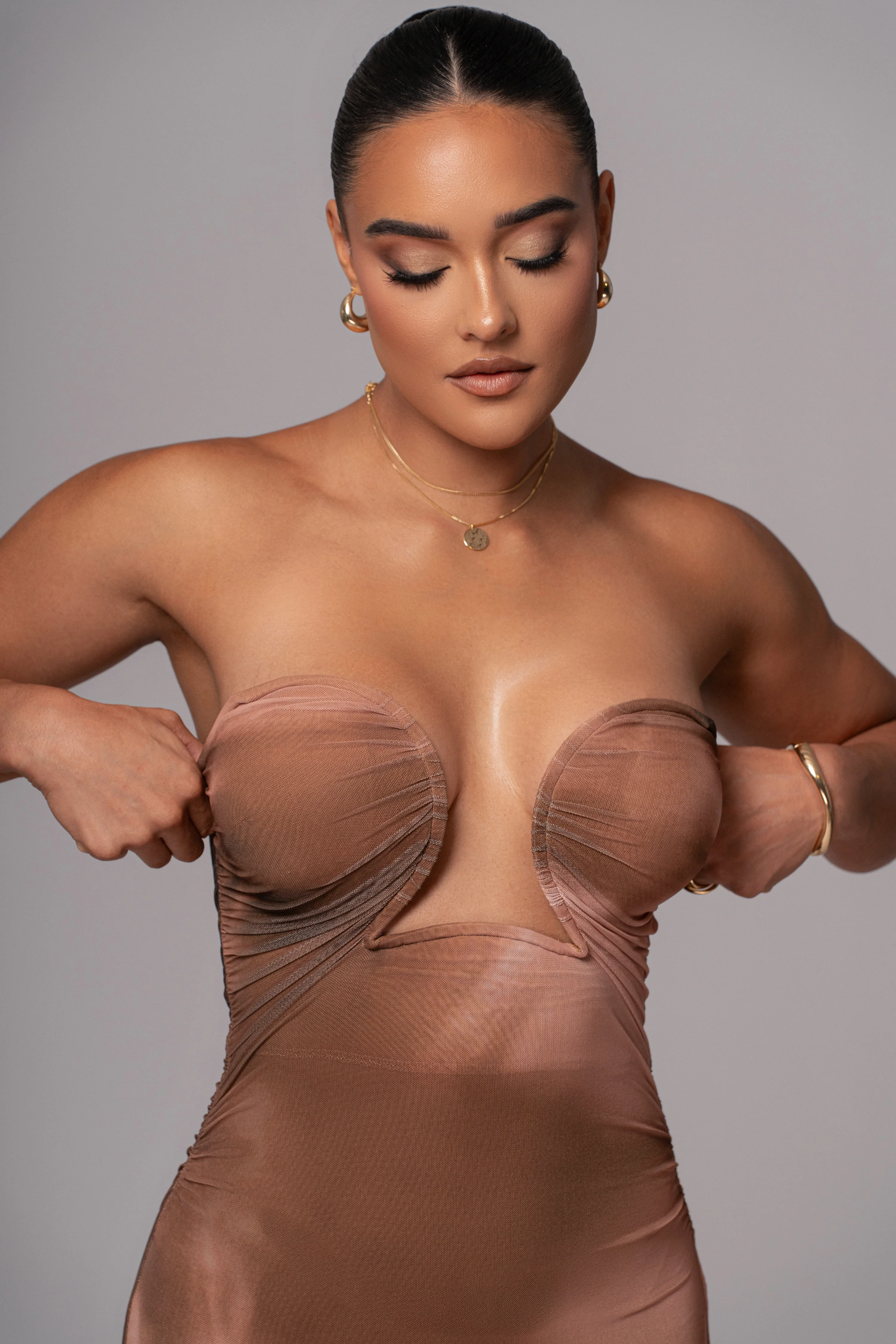 Brown Abstract Bethany Strapless Maxi Dress - Image 6