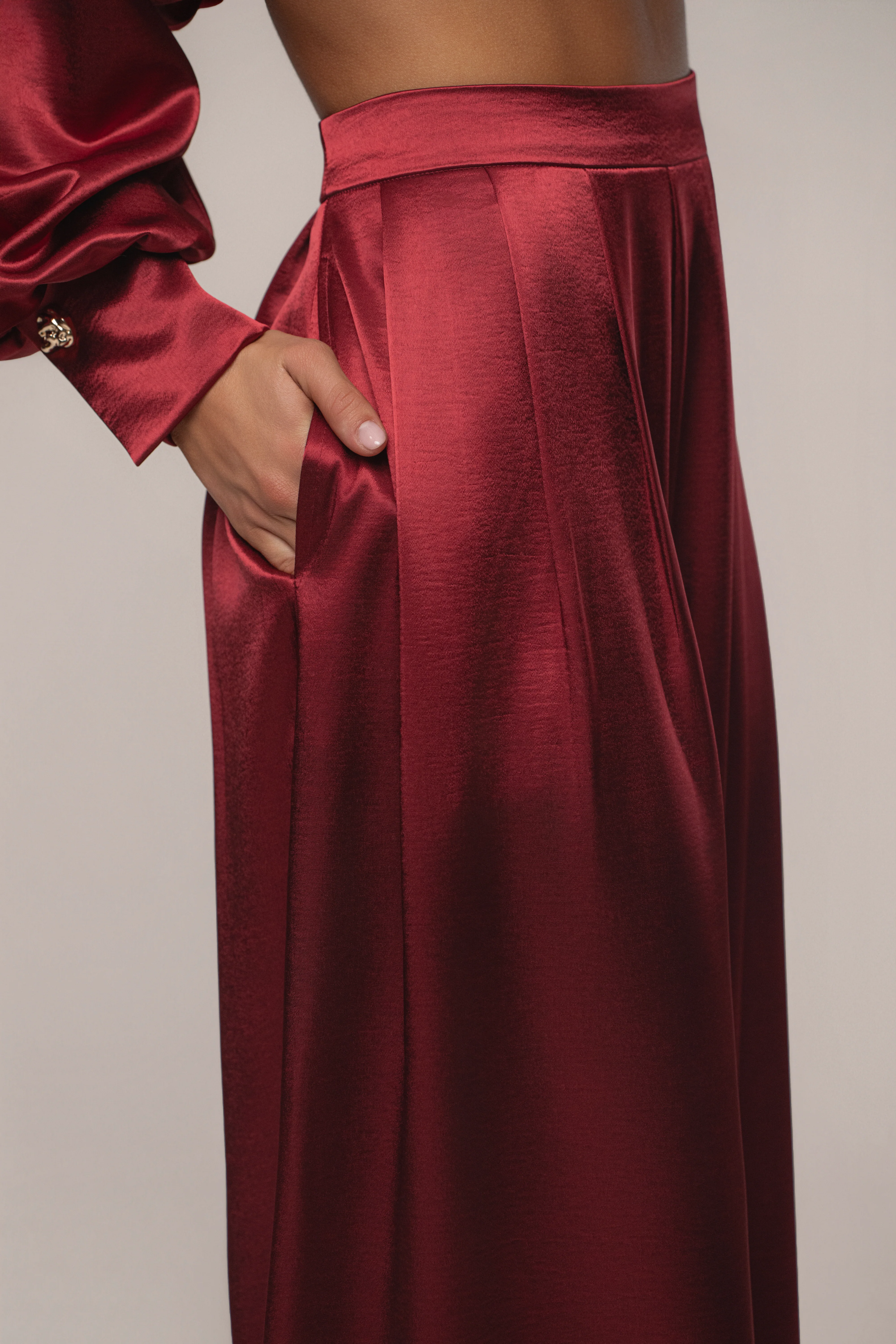 Burgundy Satin Bliss Pleated Pant - Image 10