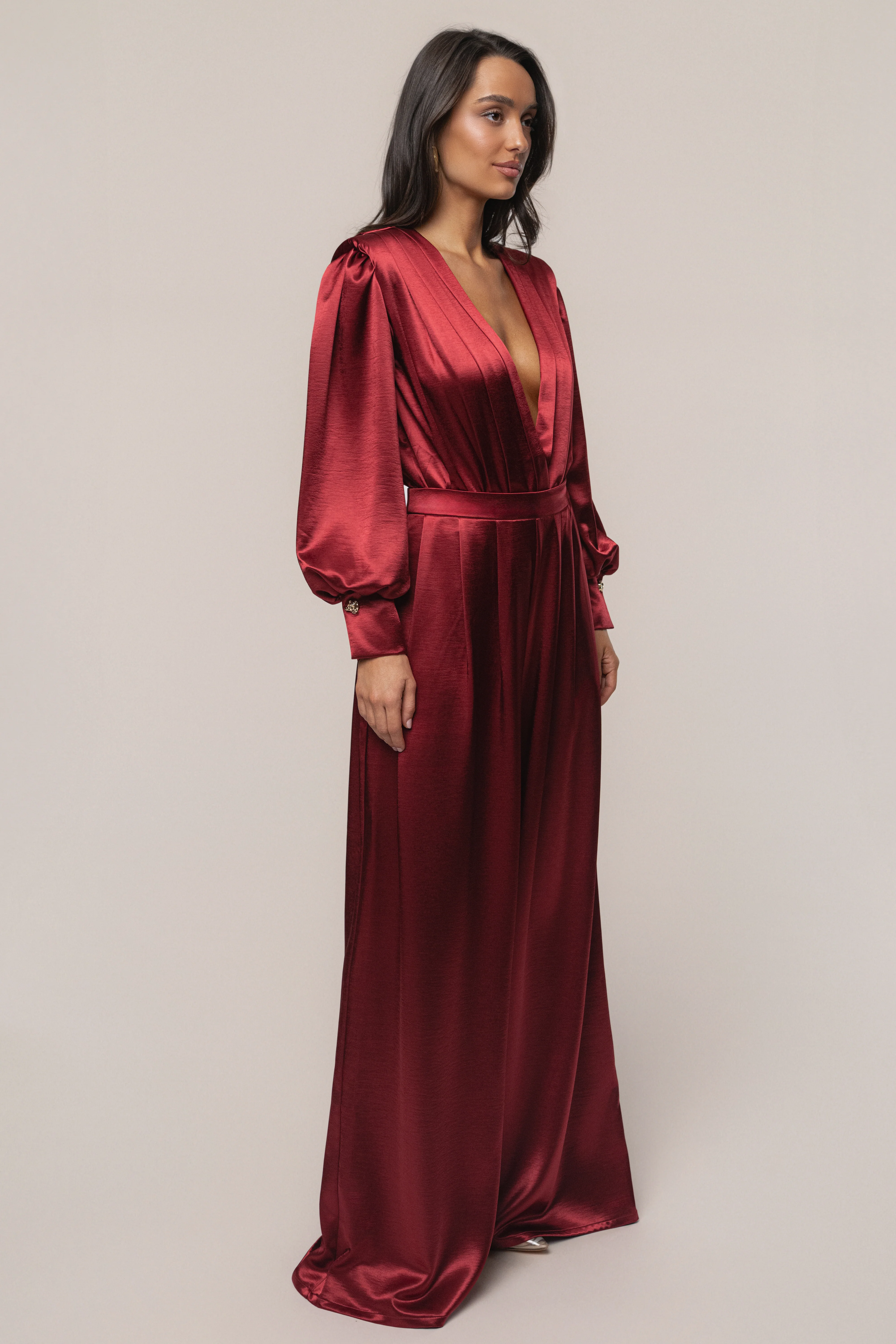 Burgundy Satin Bliss Pleated Pant - Image 5