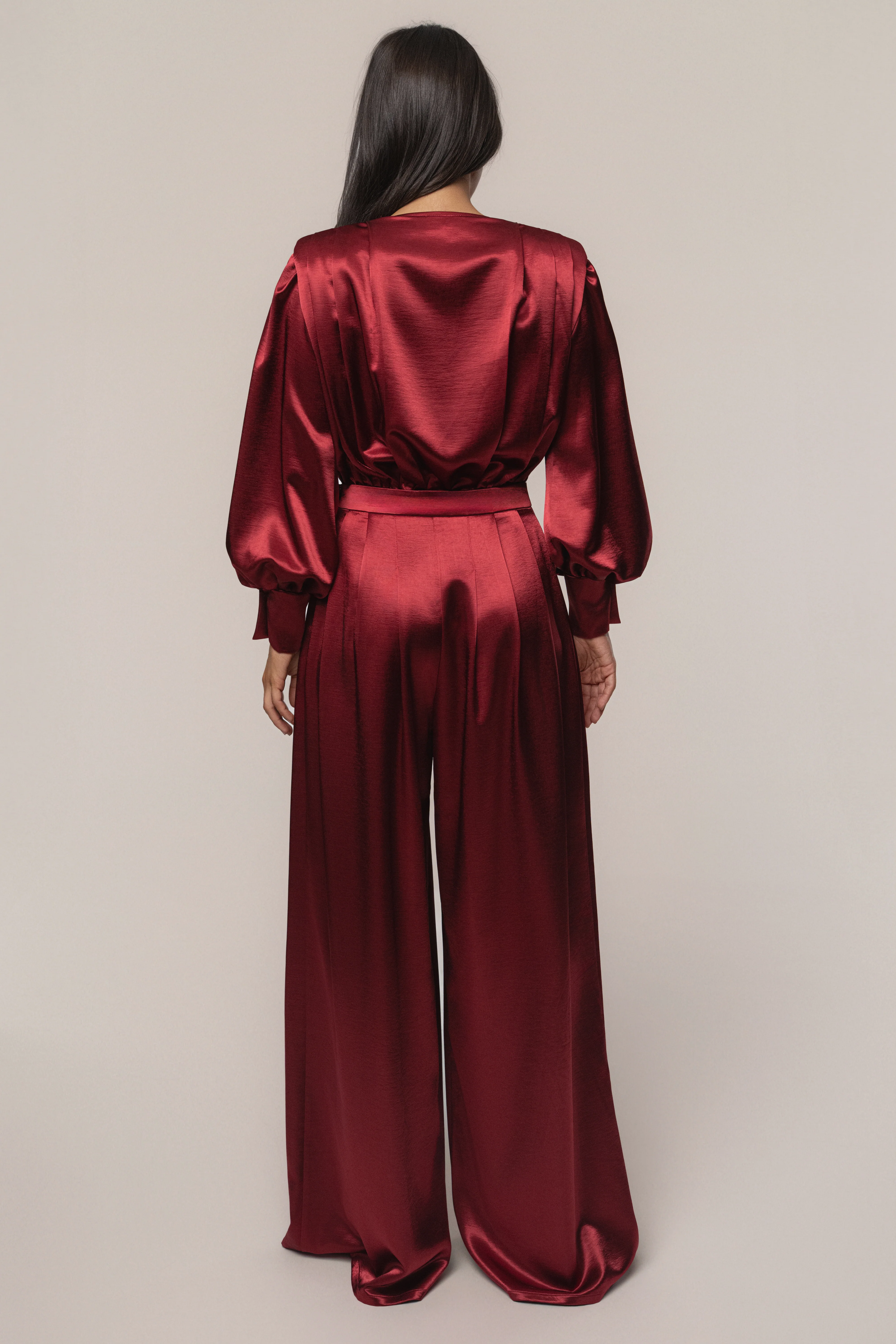 Burgundy Satin Bliss Pleated Pant - Image 9