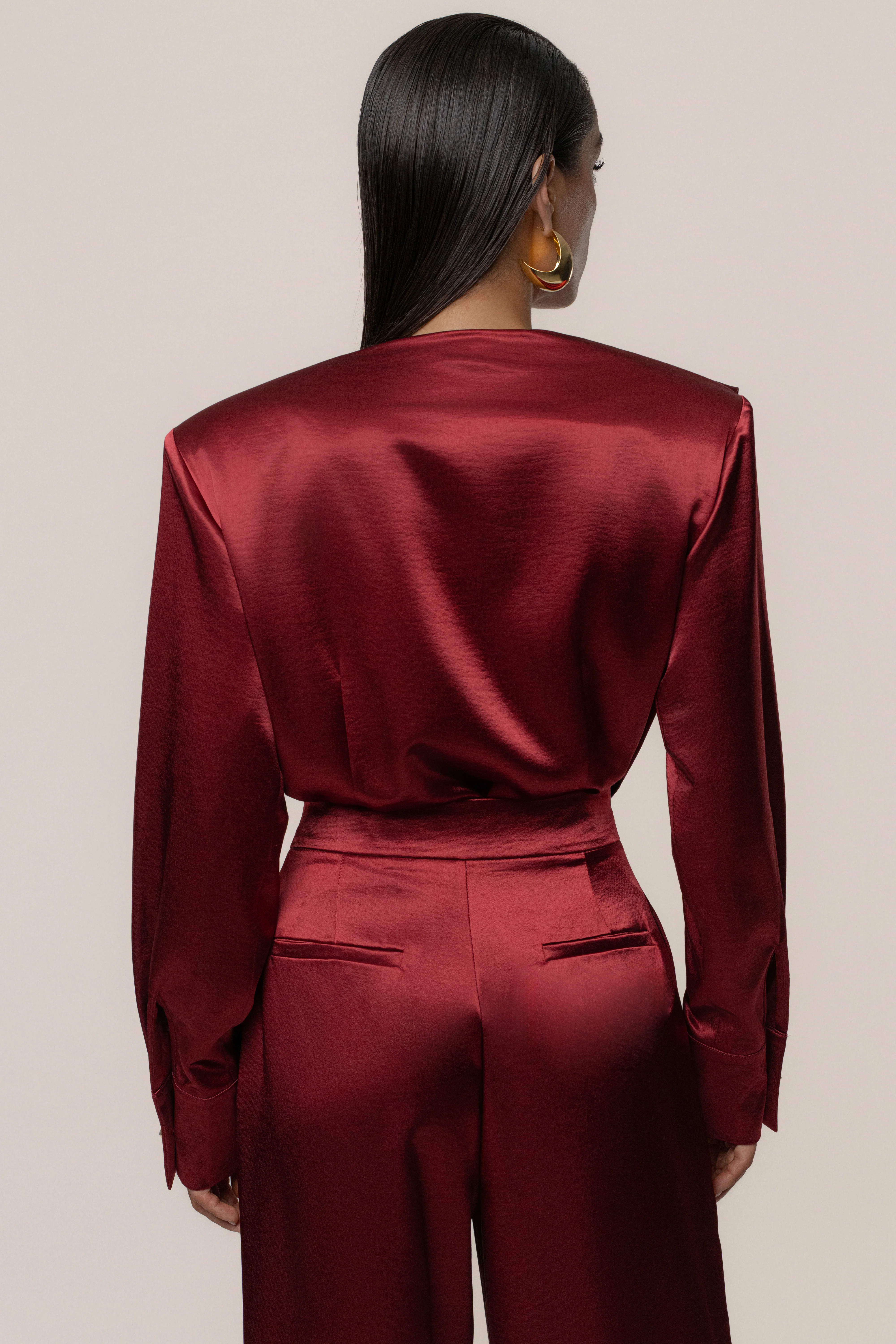 Burgundy Statement Draped Satin Top - Image 12