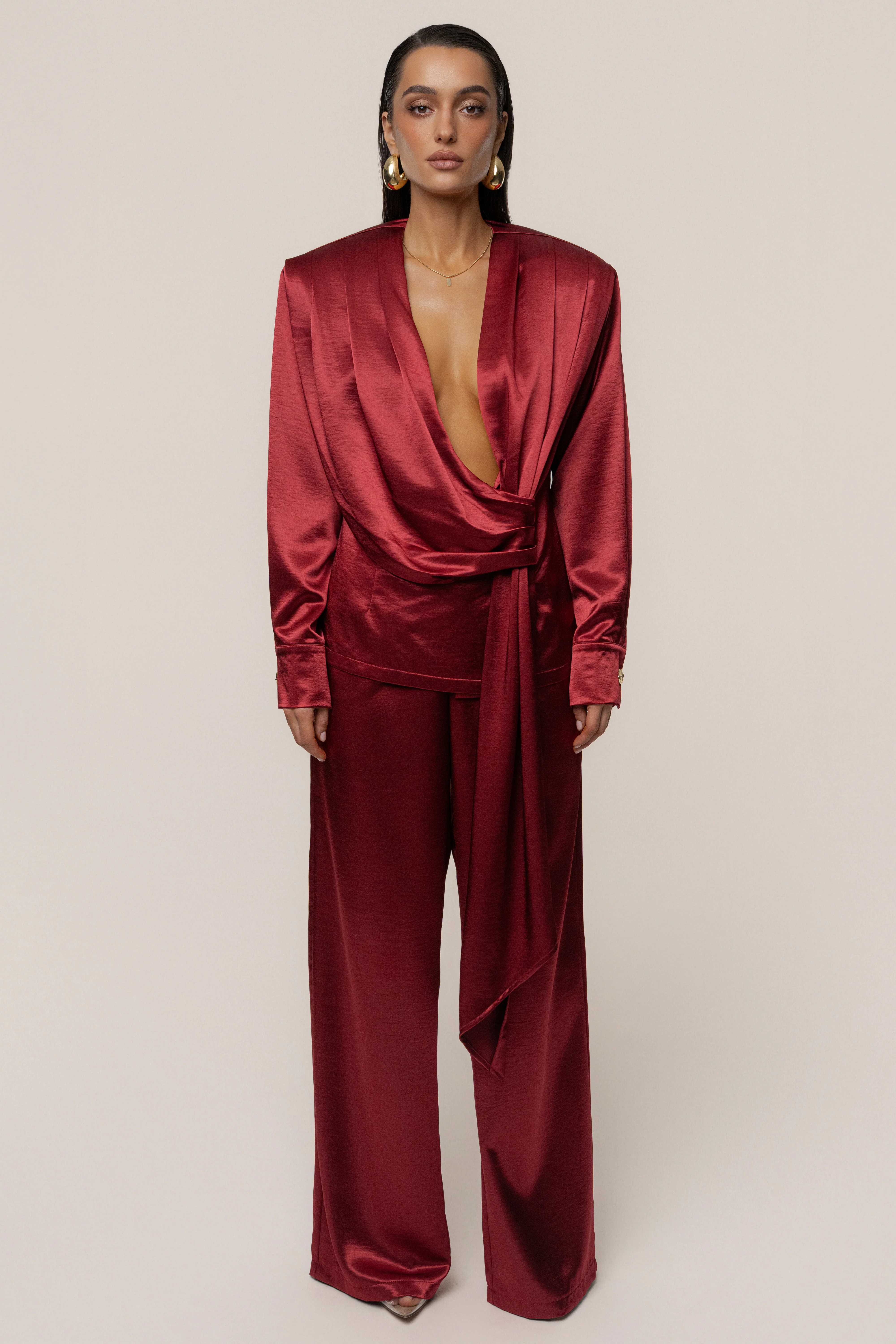 Burgundy Statement Draped Satin Top - Image 2
