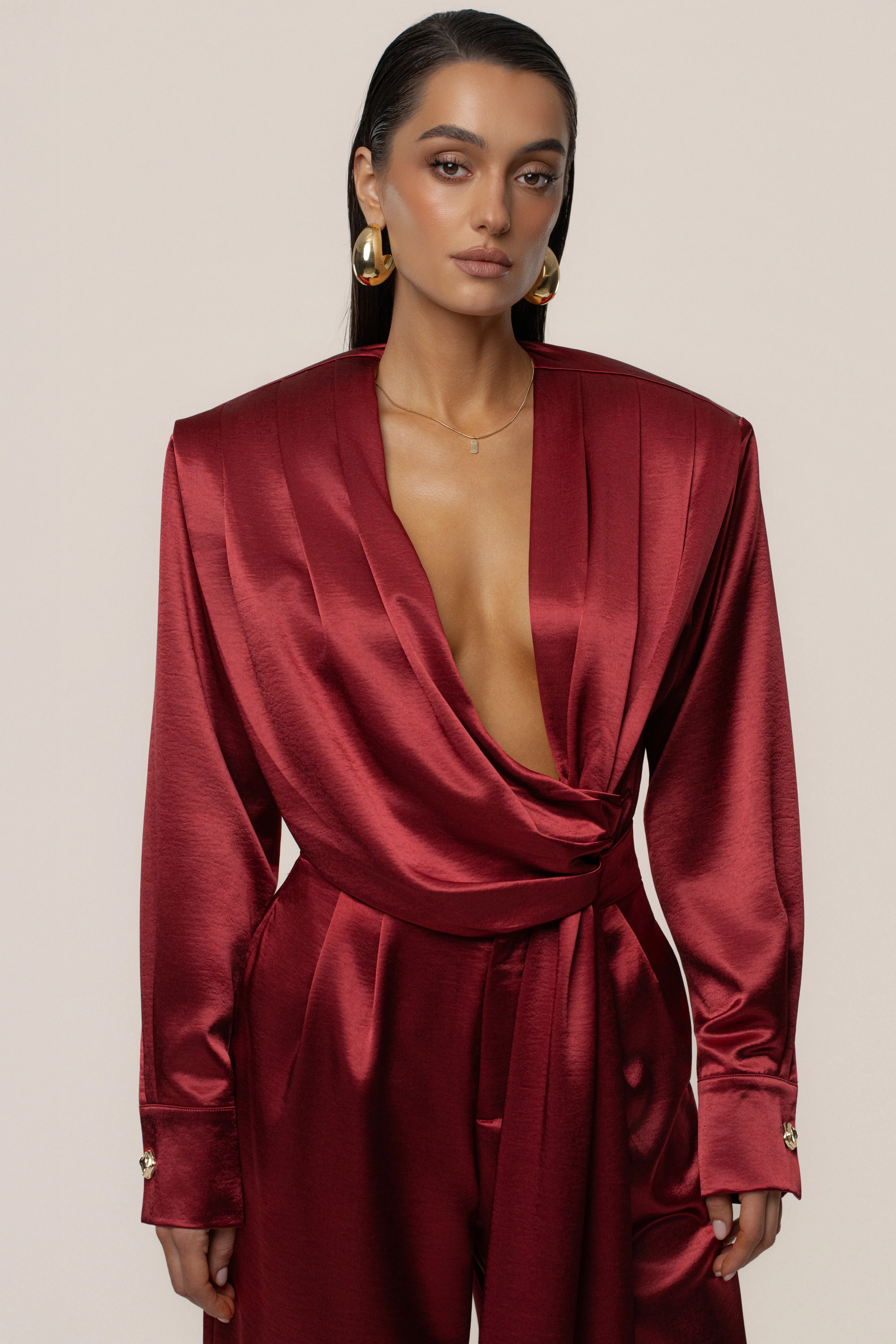 Burgundy Statement Draped Satin Top - Image 3