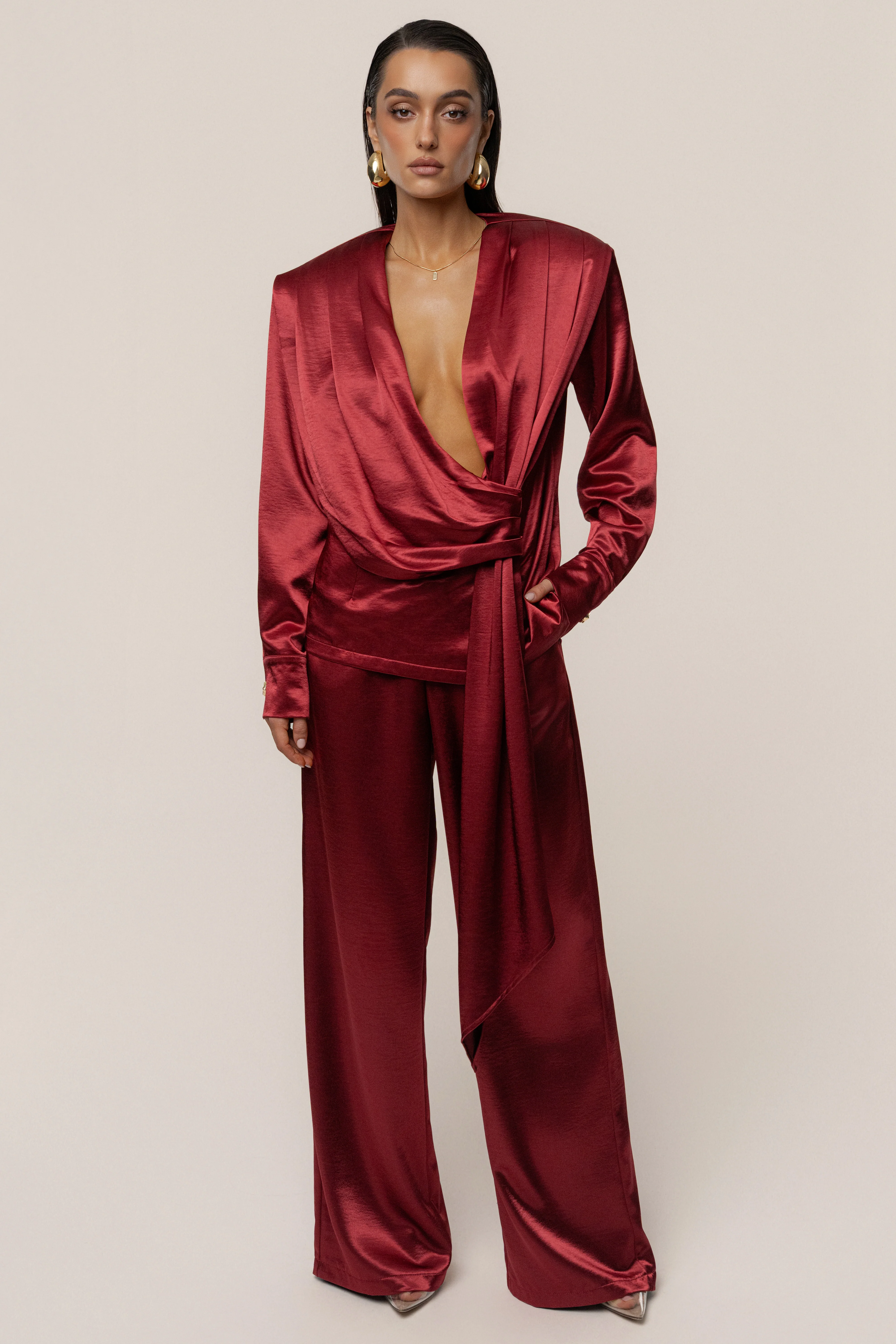 Burgundy Statement Draped Satin Top - Image 4