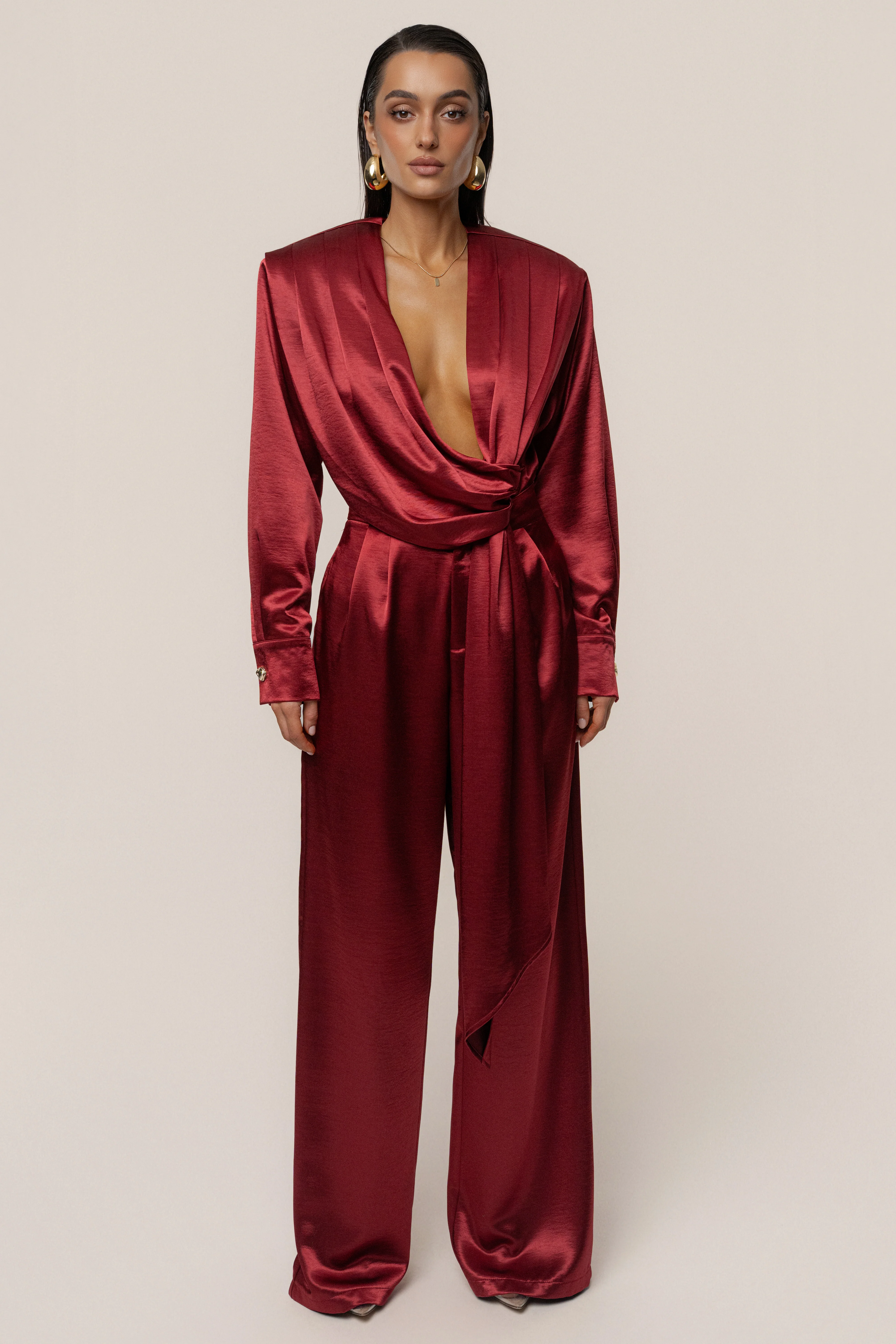 Burgundy Statement Draped Satin Top - Image 5