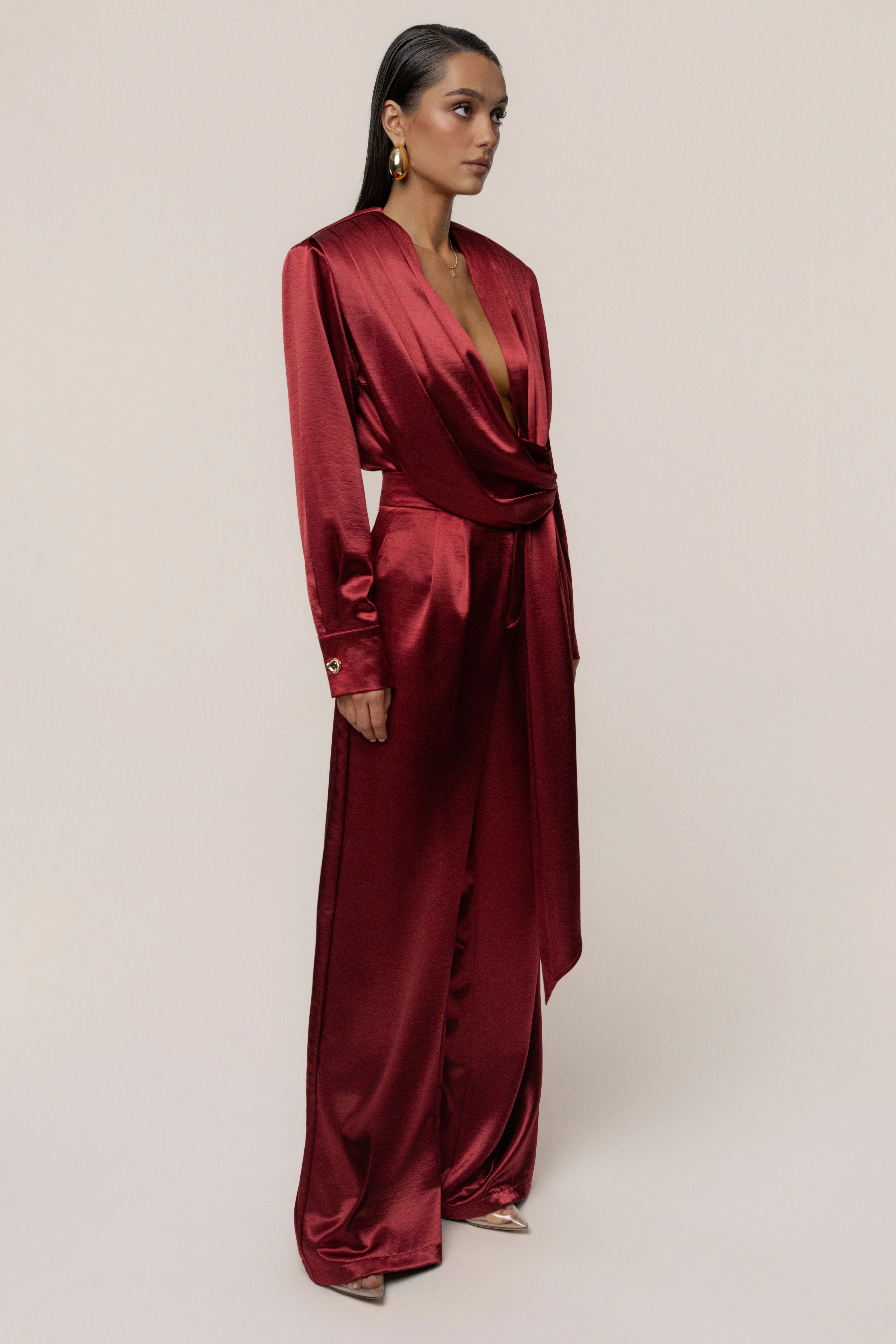 Burgundy Statement Draped Satin Top - Image 6