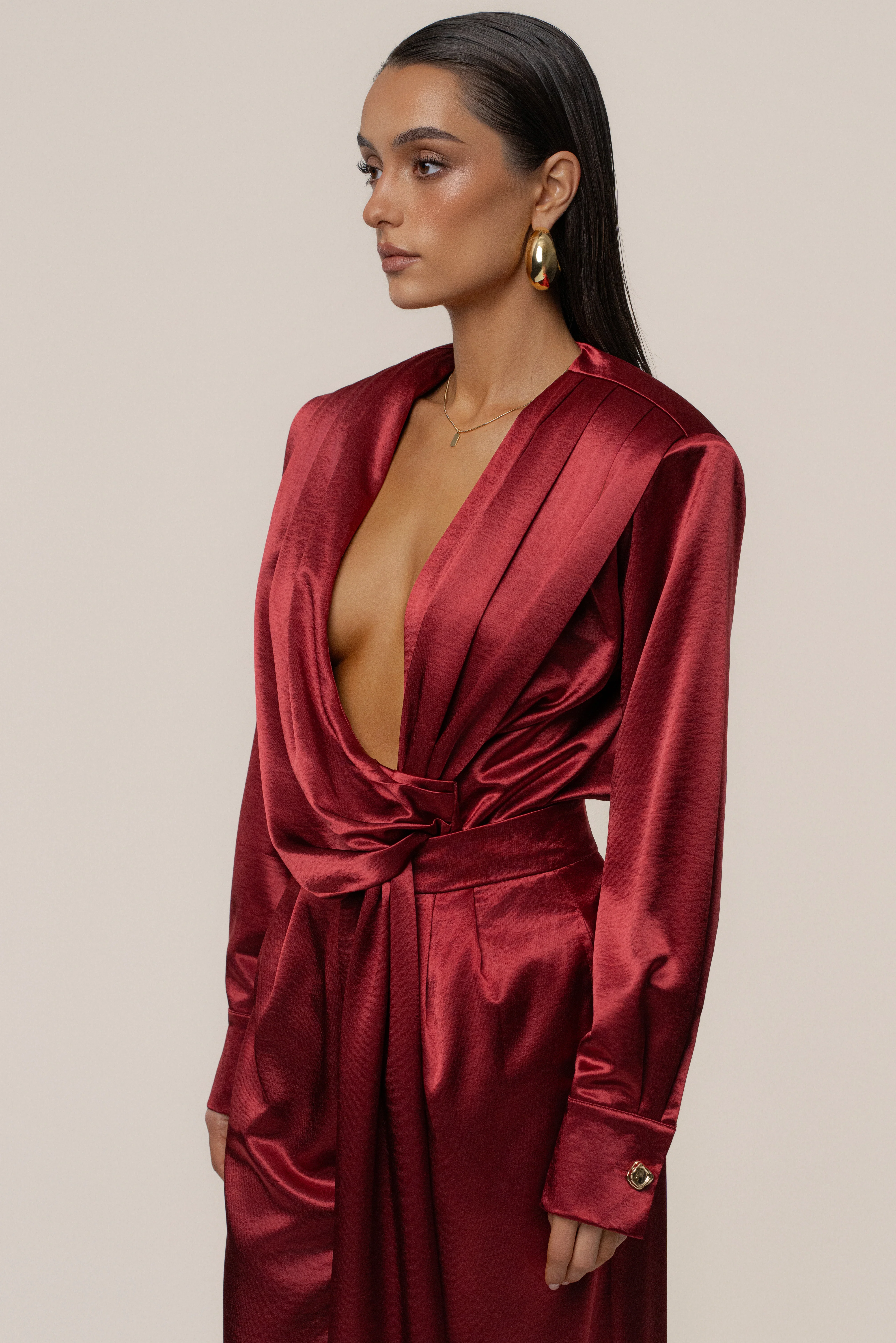Burgundy Statement Draped Satin Top - Image 7
