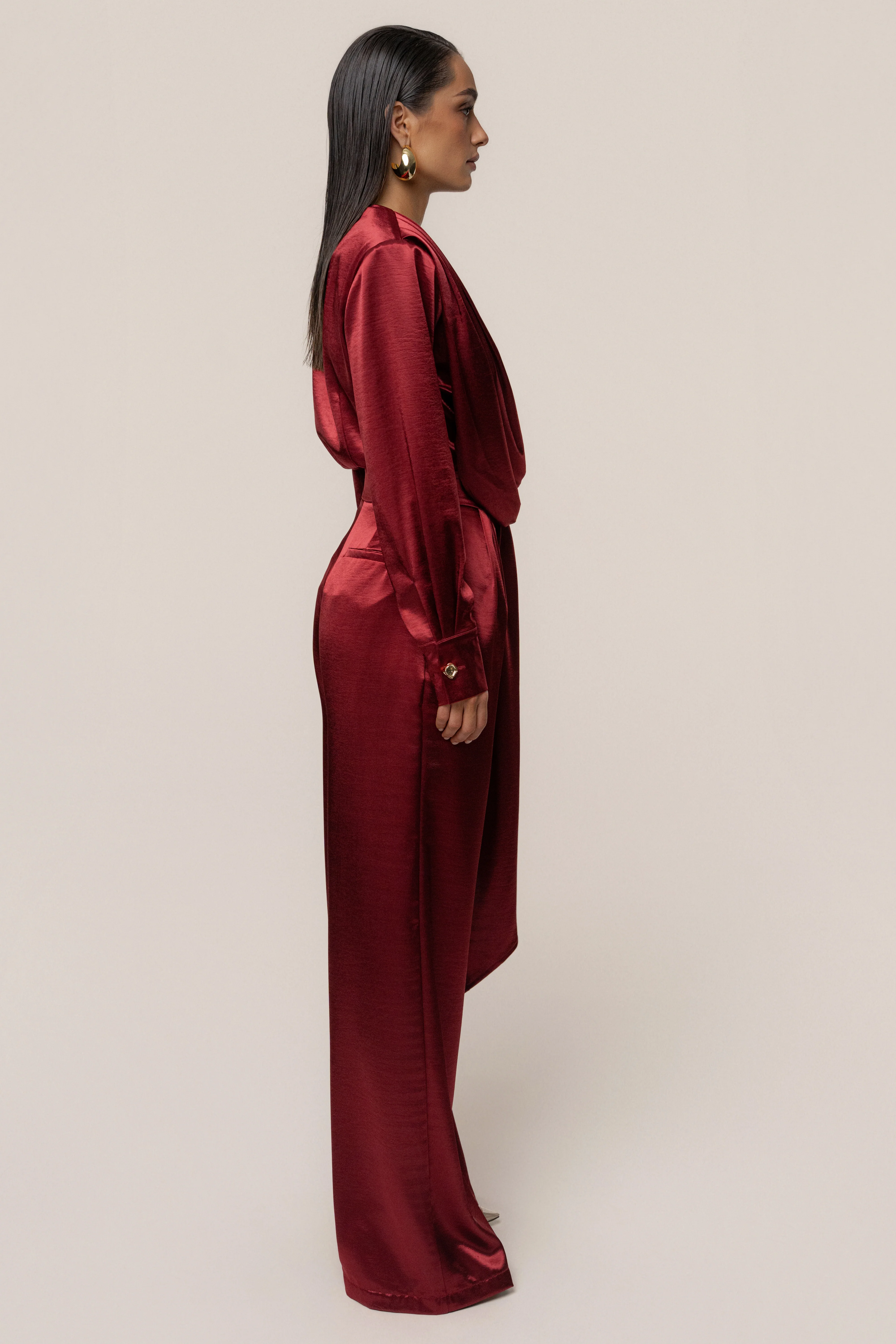 Burgundy Statement Draped Satin Top - Image 8