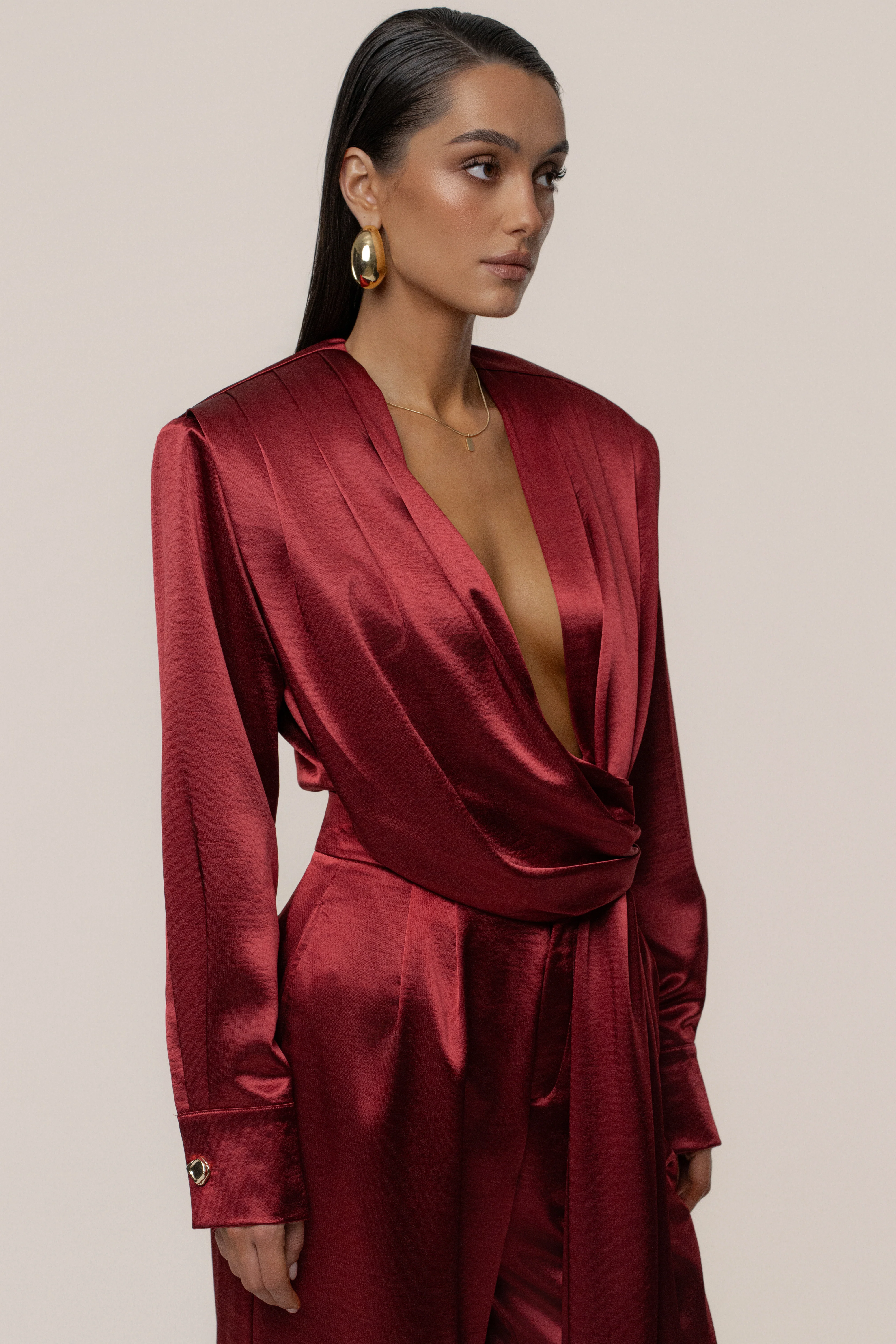Burgundy Statement Draped Satin Top - Image 9