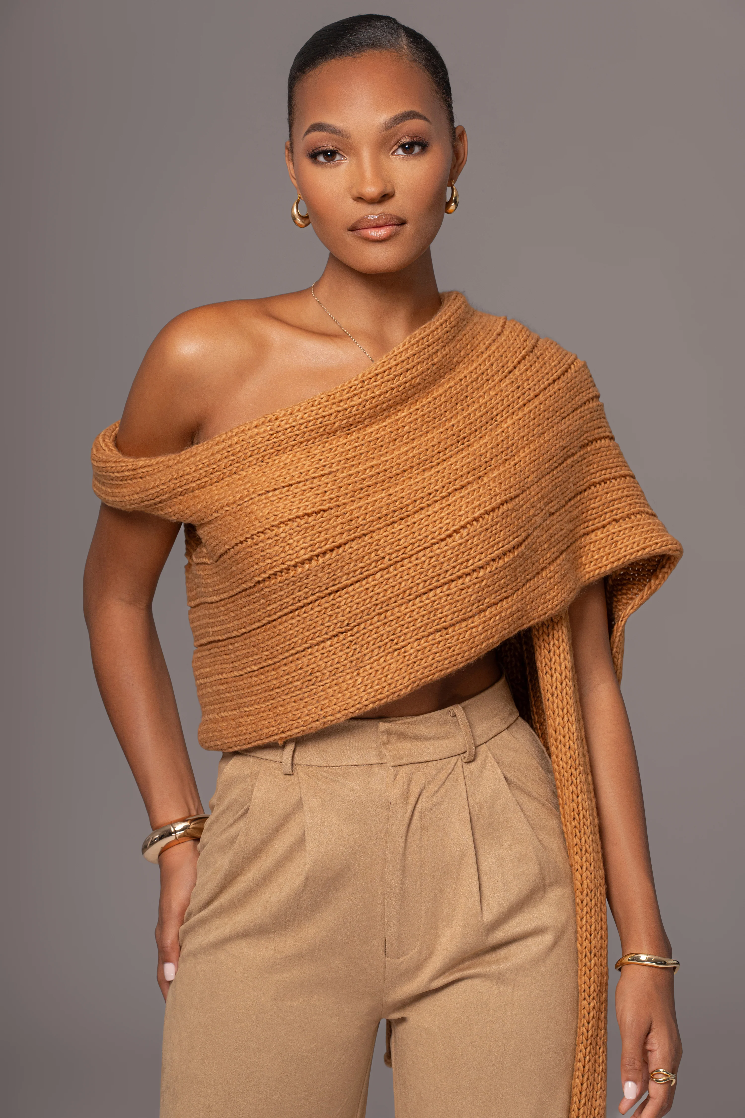 Camel Soft Life Cable Knit Sweater Top - Image 3