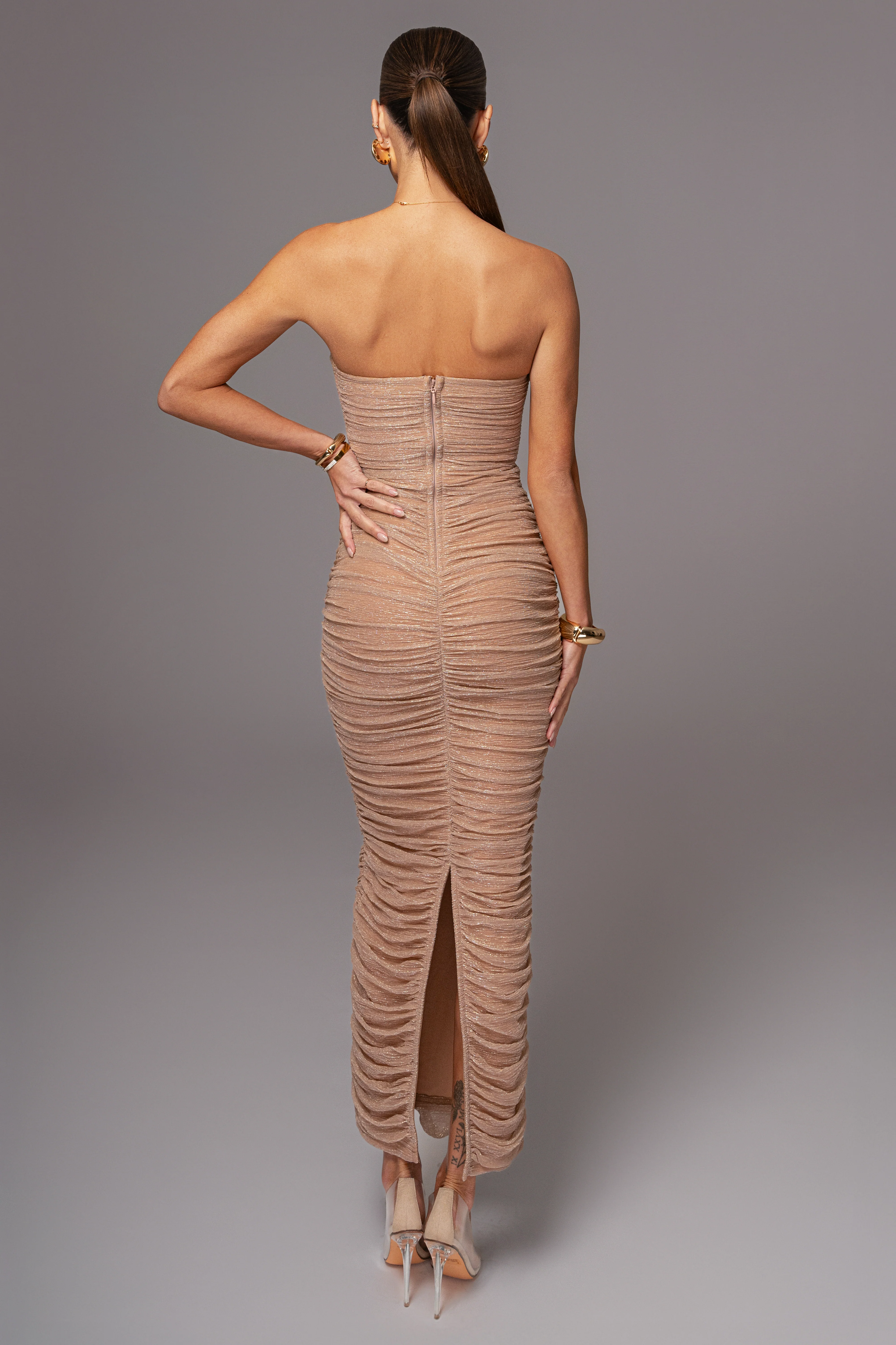 Champagne Metallic Mesh Maxi Dress - Image 8