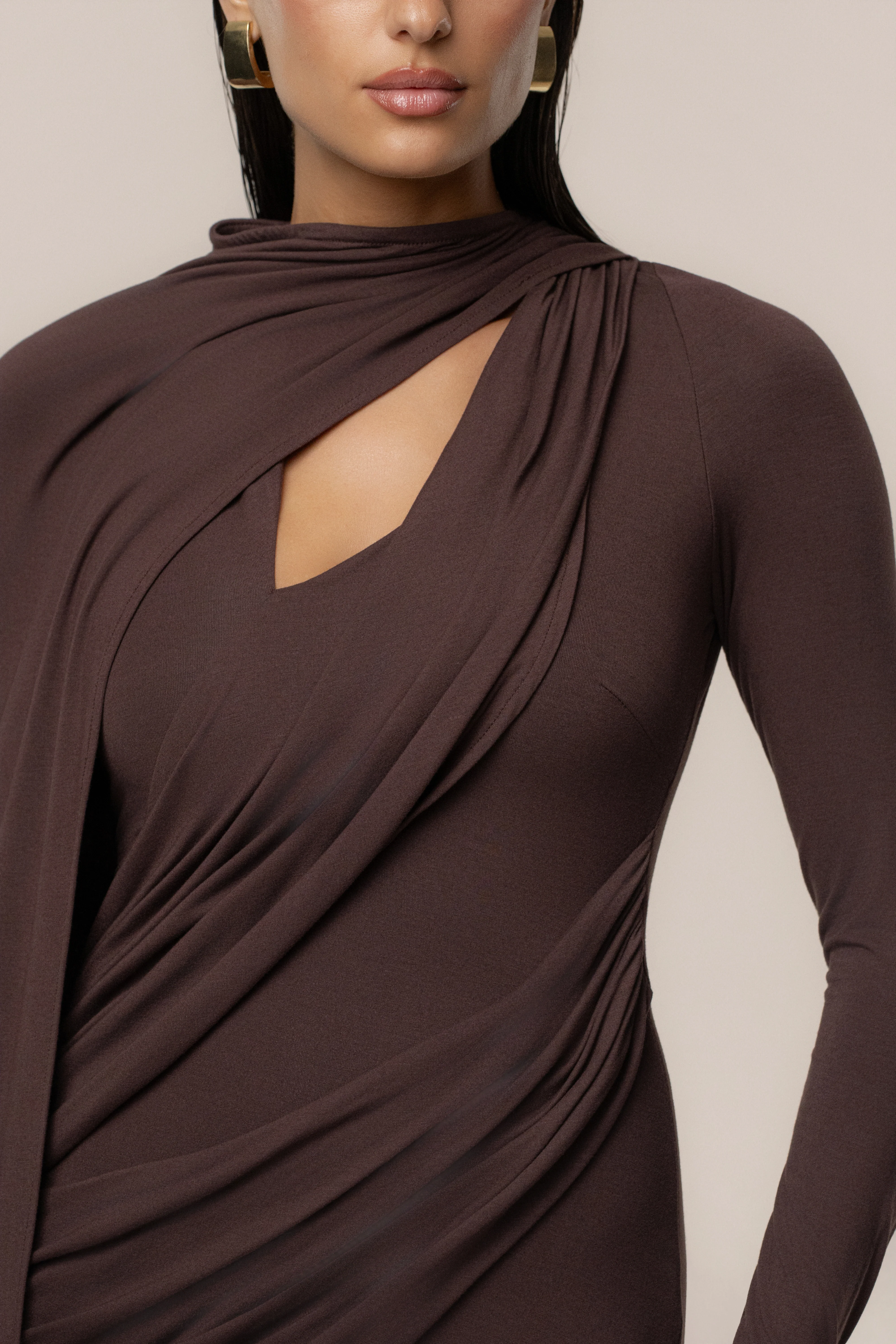Chocolate Draped Elegance Cape Dress - Image 2