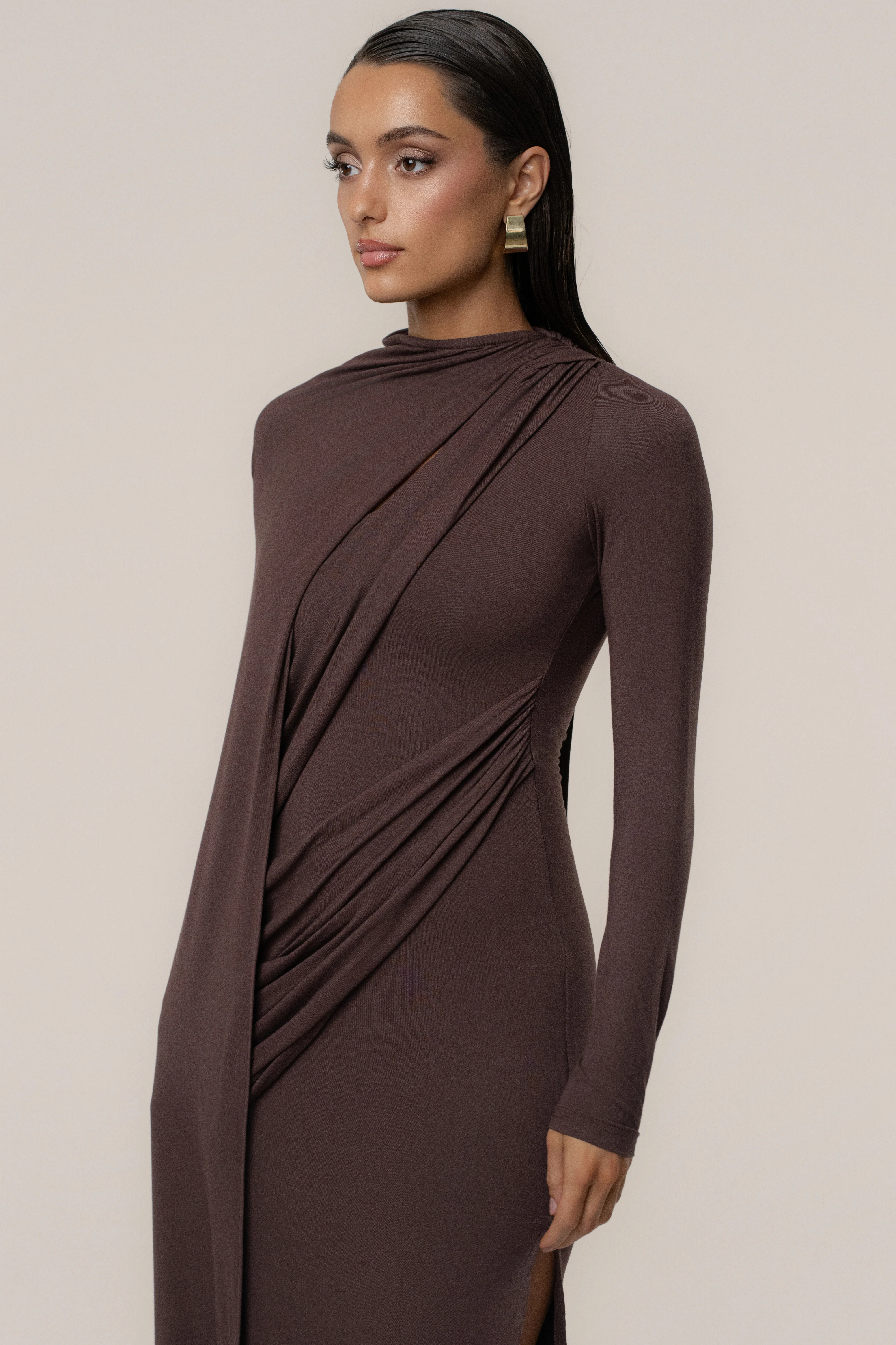 Chocolate Draped Elegance Cape Dress - Image 4