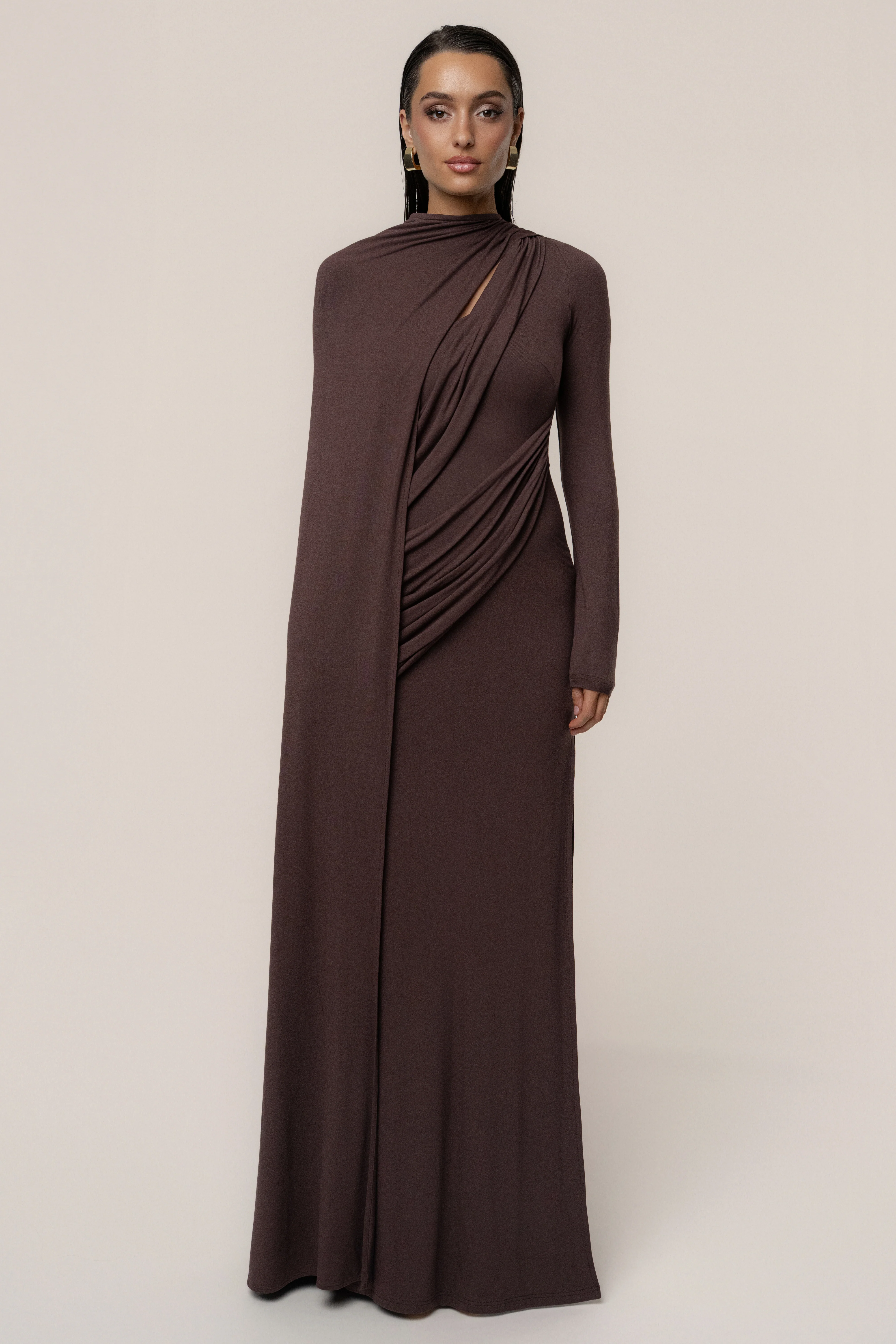 Chocolate Draped Elegance Cape Dress - Image 5