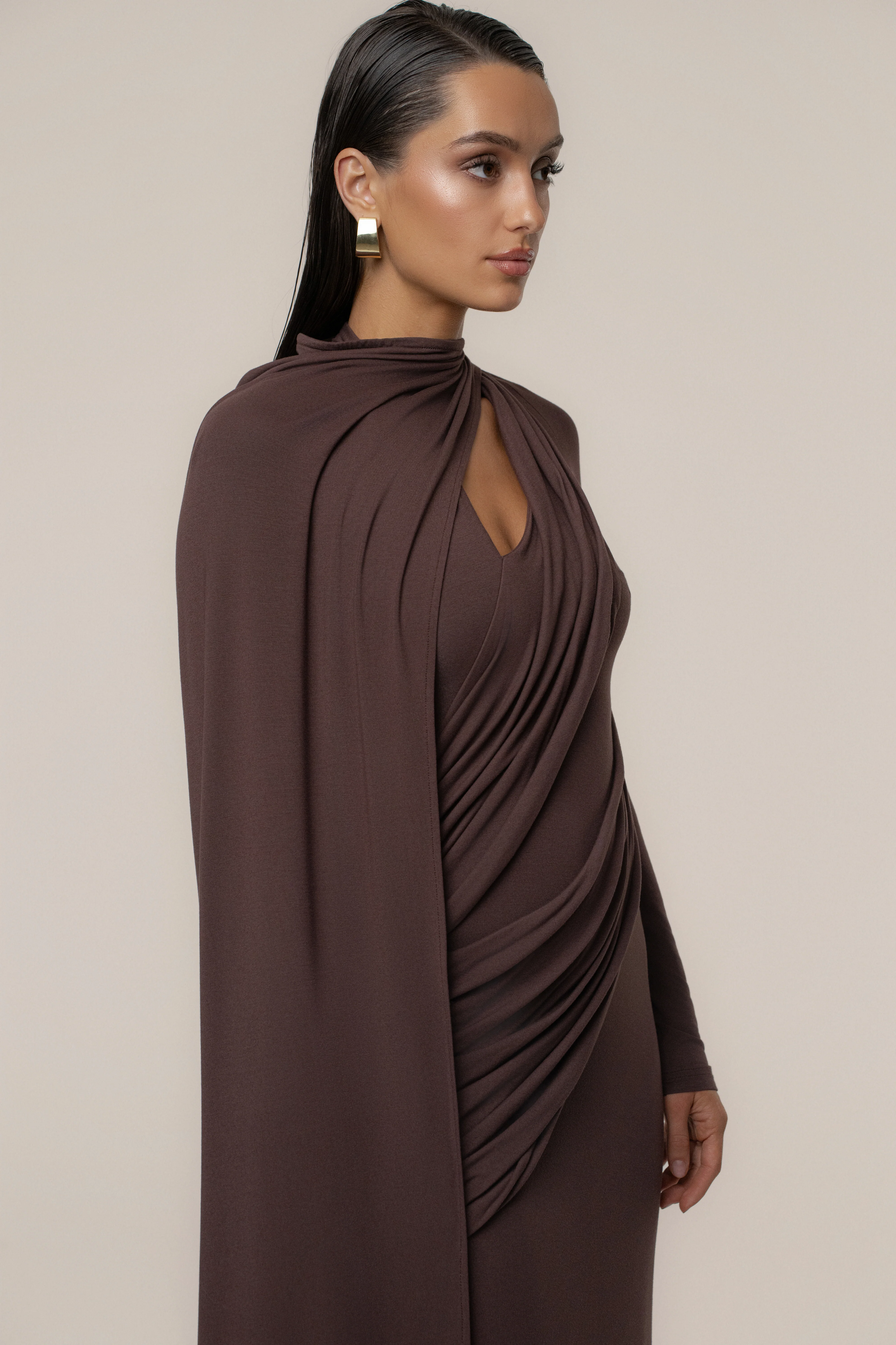 Chocolate Draped Elegance Cape Dress - Image 6