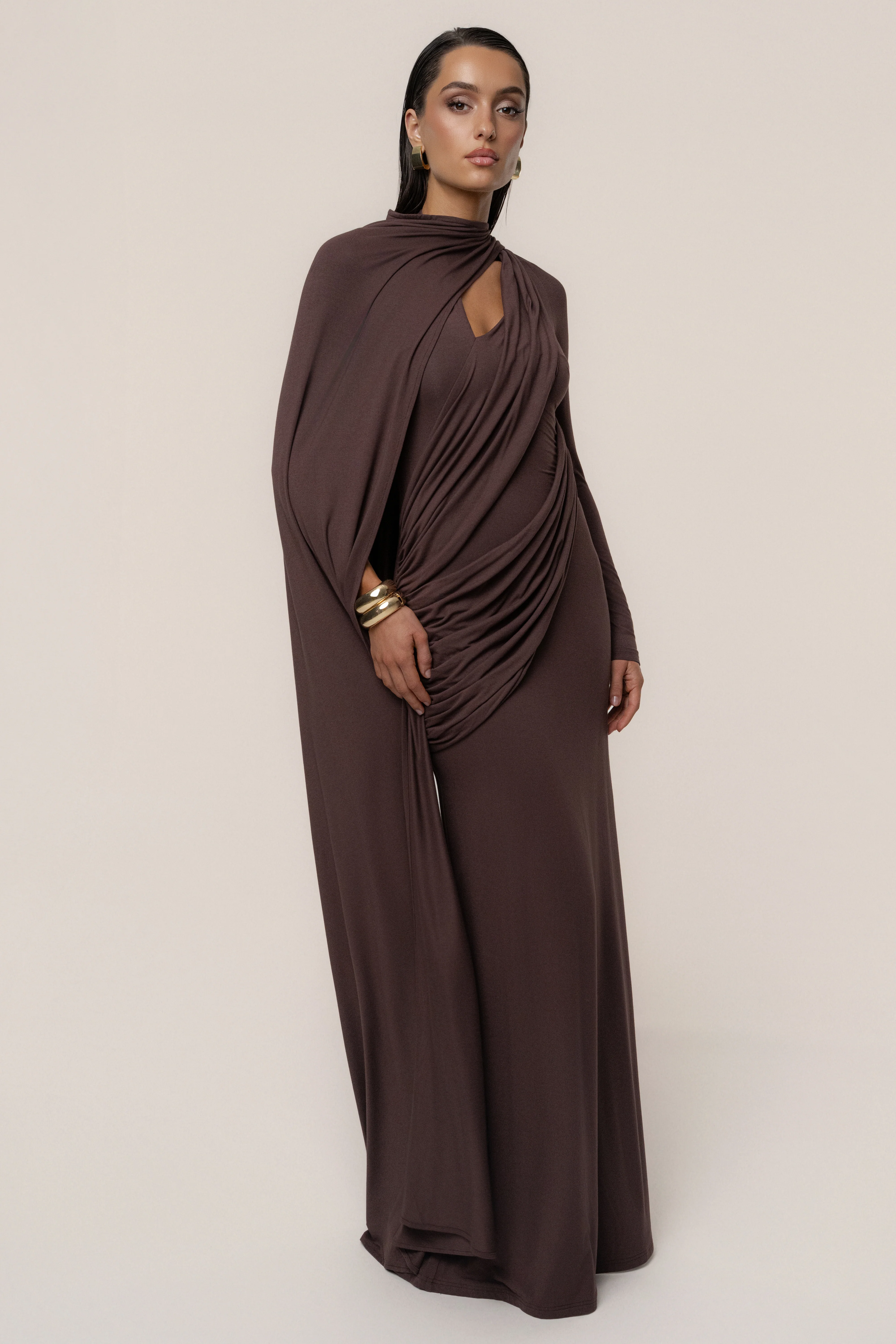 Chocolate Draped Elegance Cape Dress - Image 8