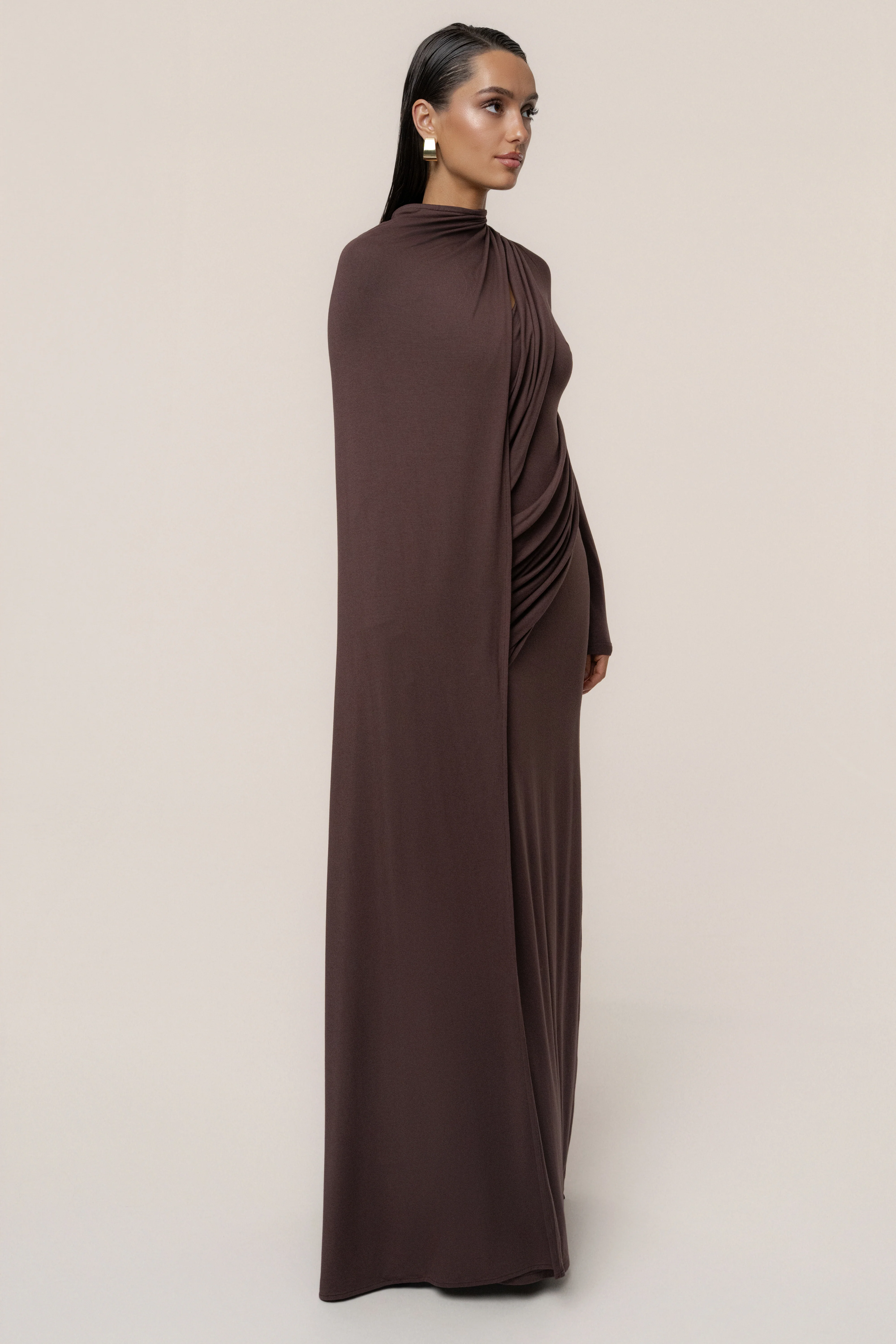 Chocolate Draped Elegance Cape Dress - Image 9