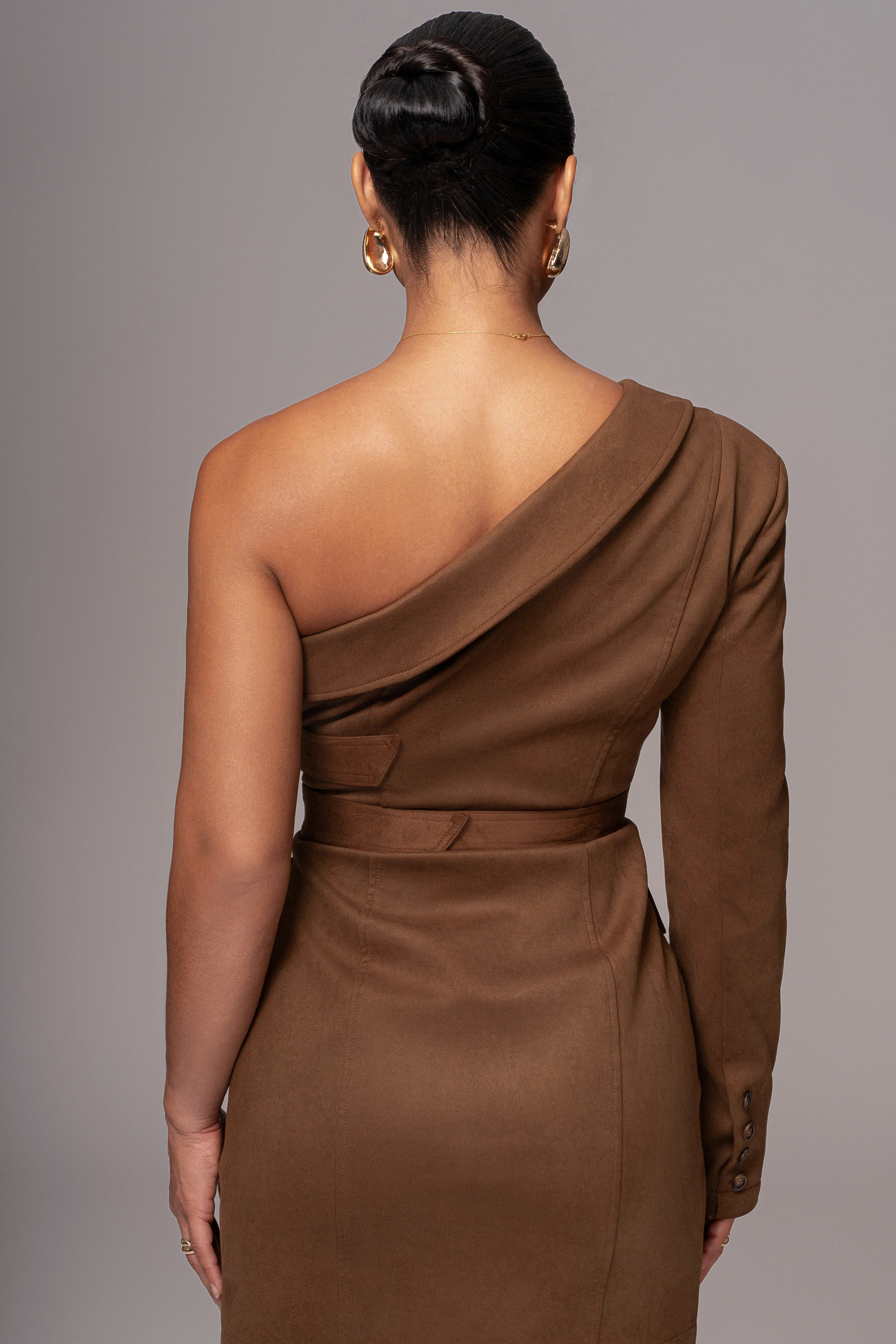 Chocolate One Shoulder Suede Blazer Dress - Image 12