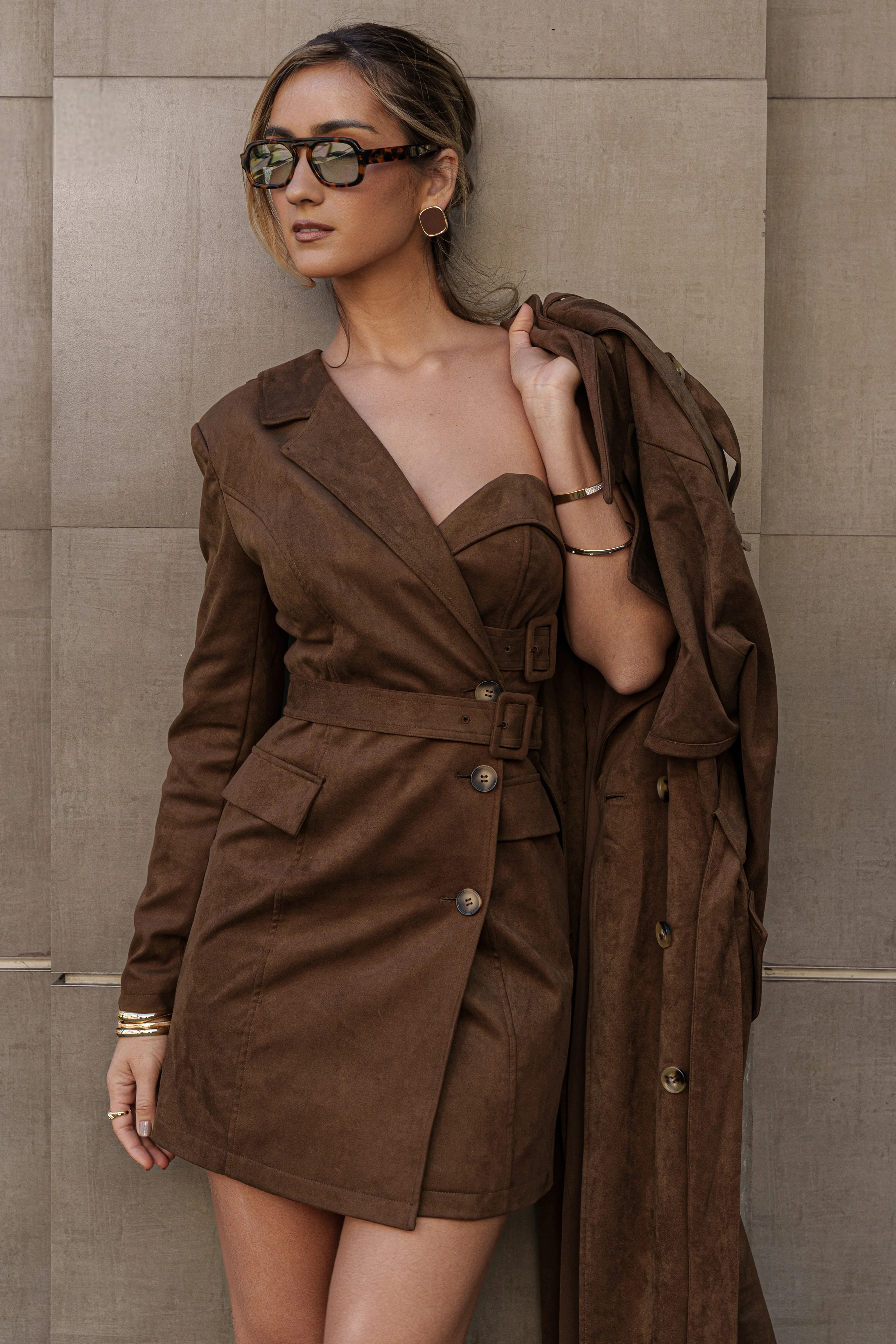 Chocolate One Shoulder Suede Blazer Dress - Image 4