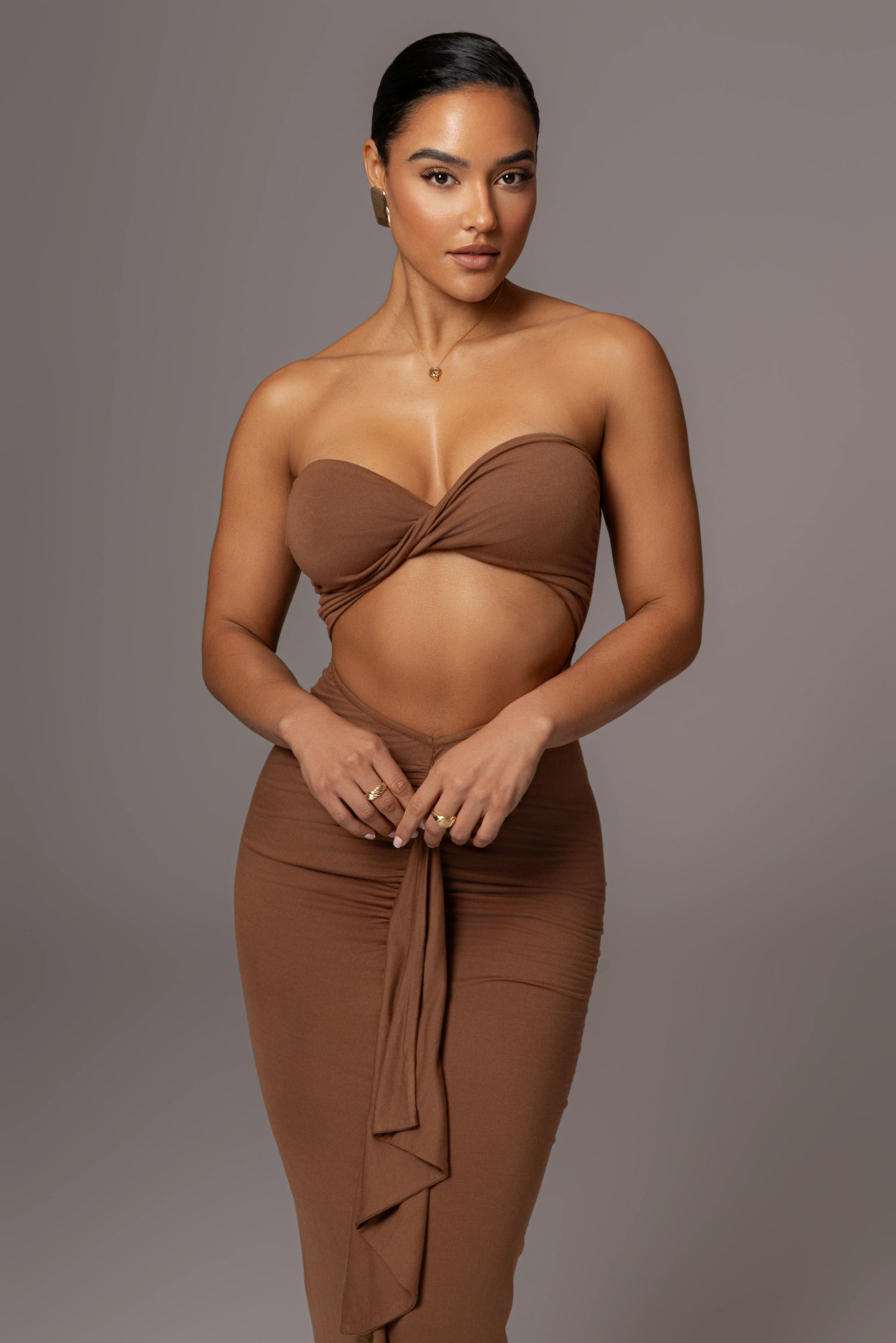 Chocolate Strapless Drape Maxi Dress - Image 4