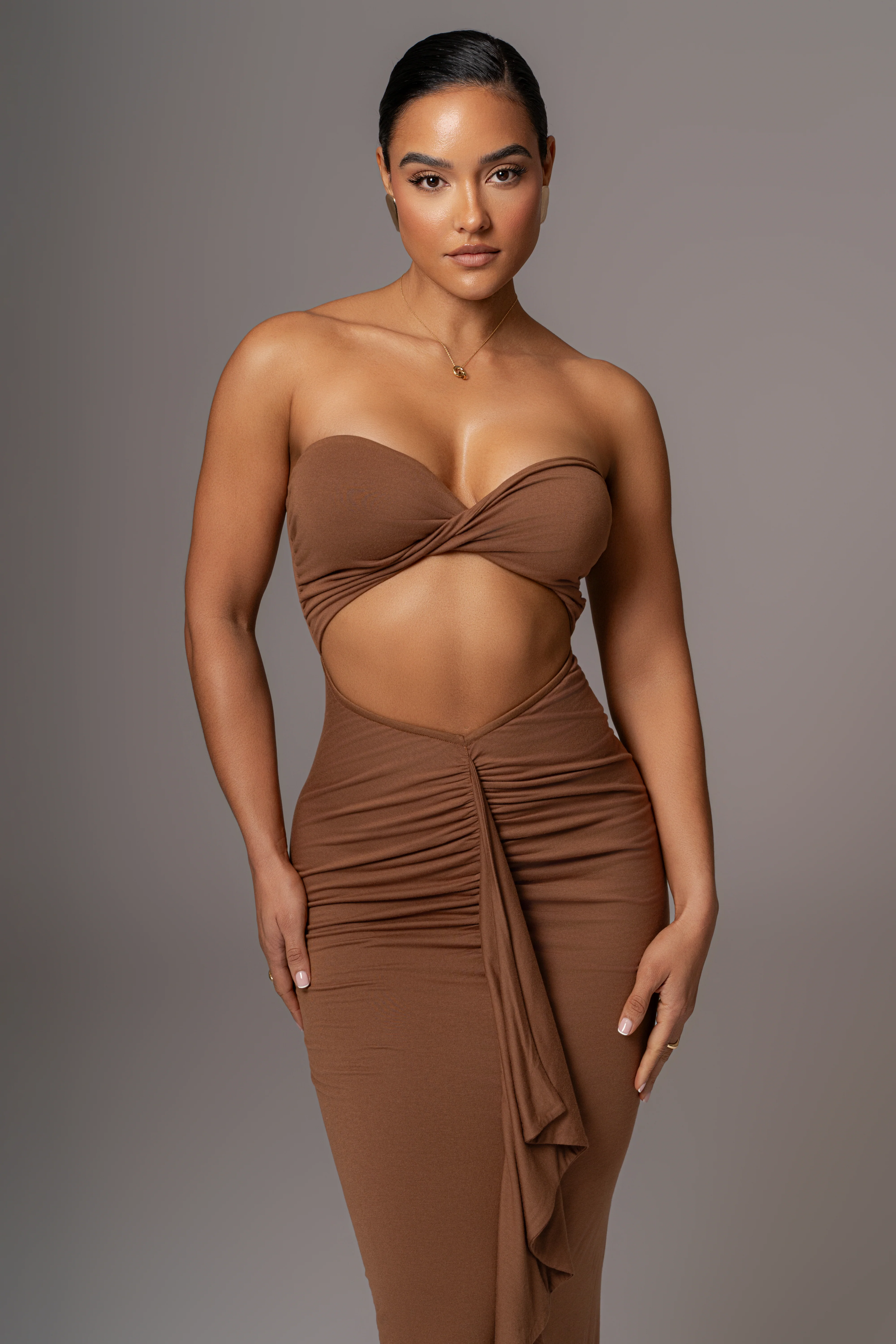 Chocolate Strapless Drape Maxi Dress - Image 5
