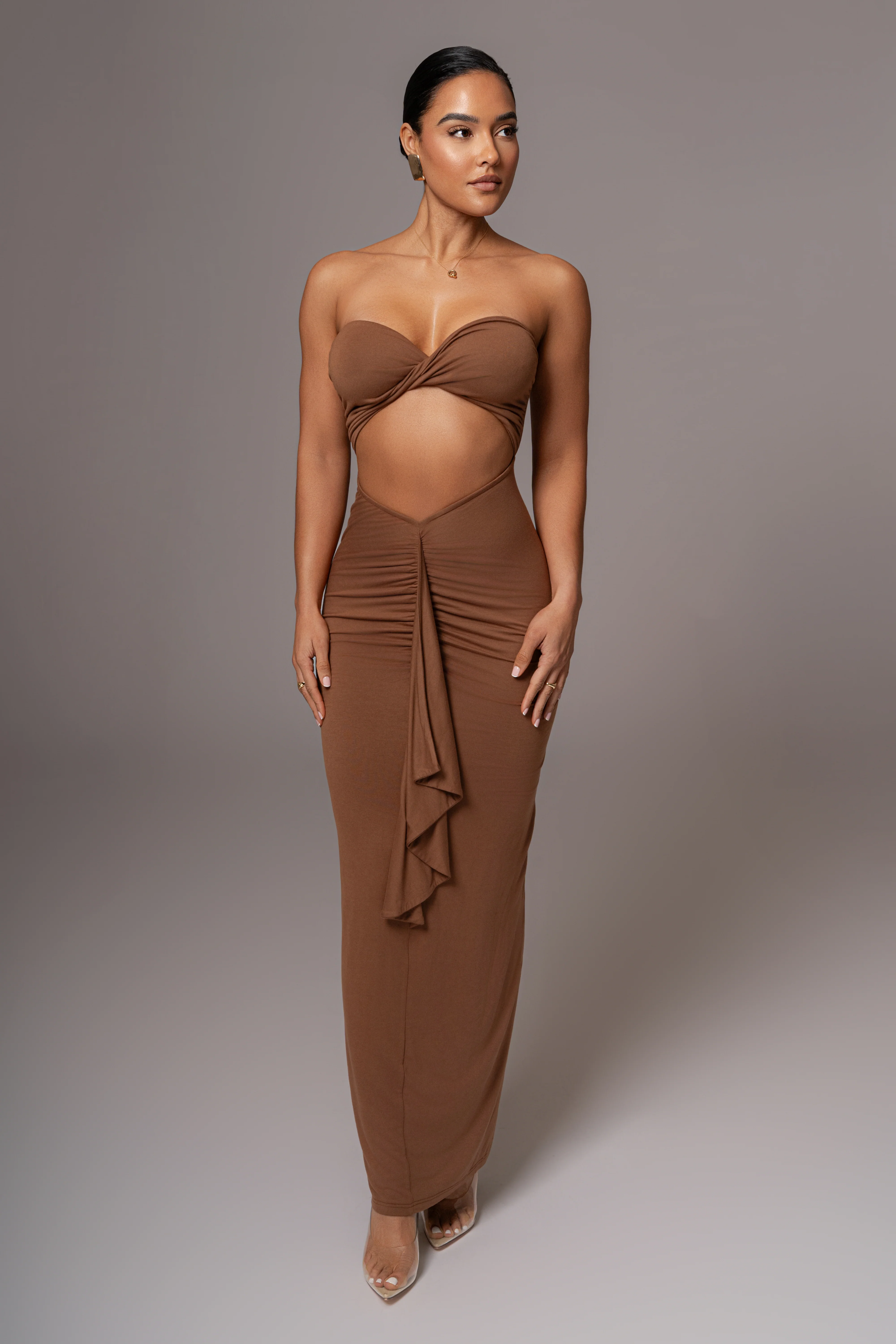 Chocolate Strapless Drape Maxi Dress - Image 6
