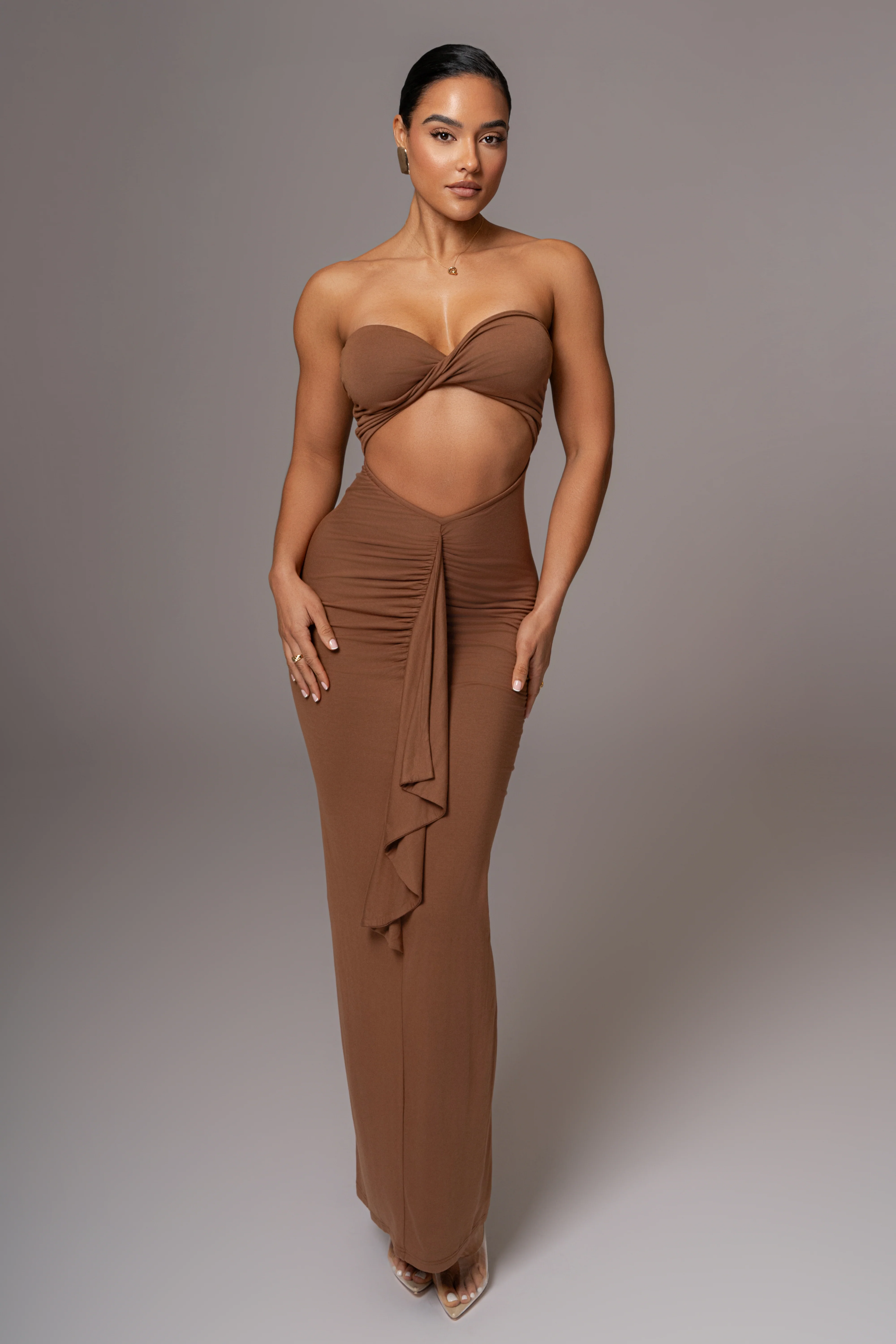 Chocolate Strapless Drape Maxi Dress - Image 8