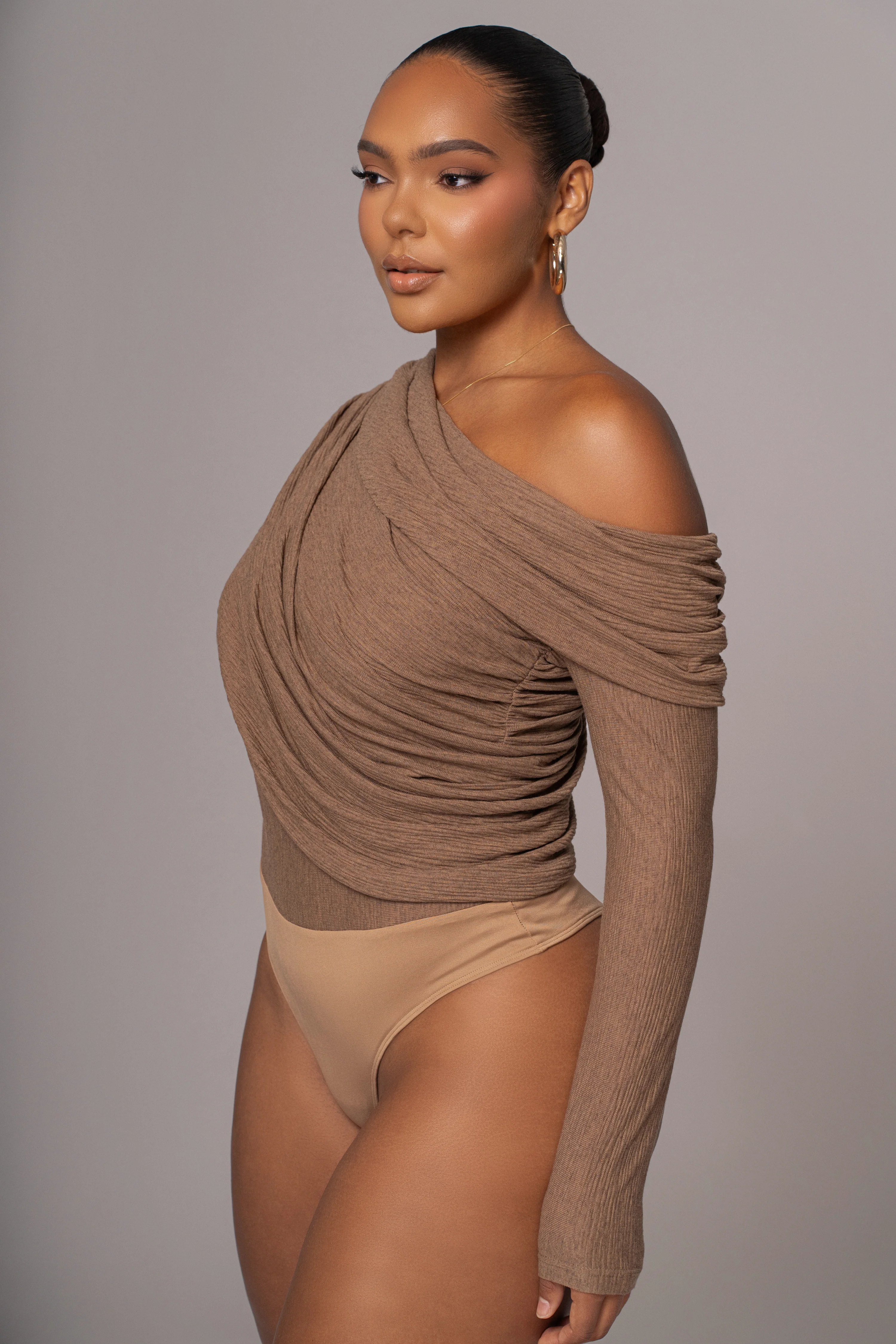 Chocolate Textured One Shoulder Bodysuit - Image 11