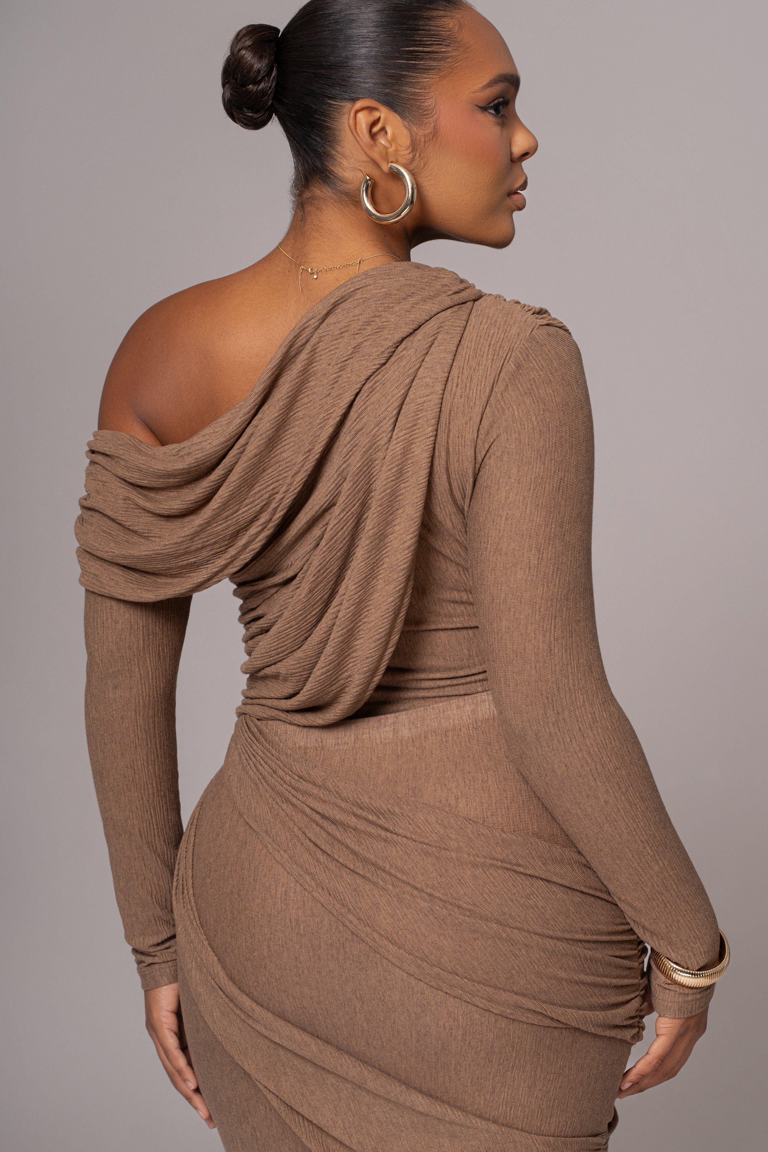 Chocolate Textured One Shoulder Bodysuit - Image 13