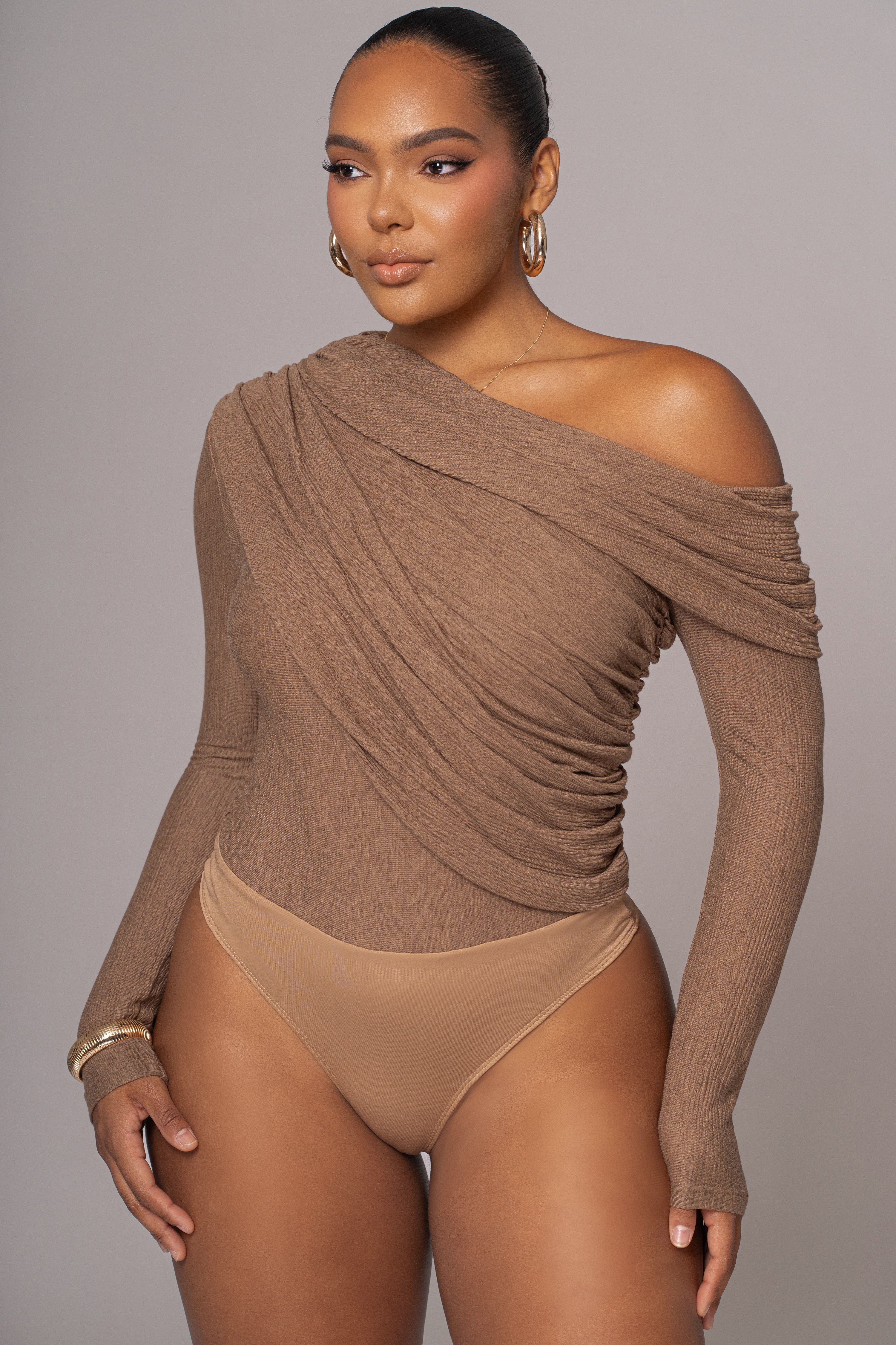 Chocolate Textured One Shoulder Bodysuit - Image 4