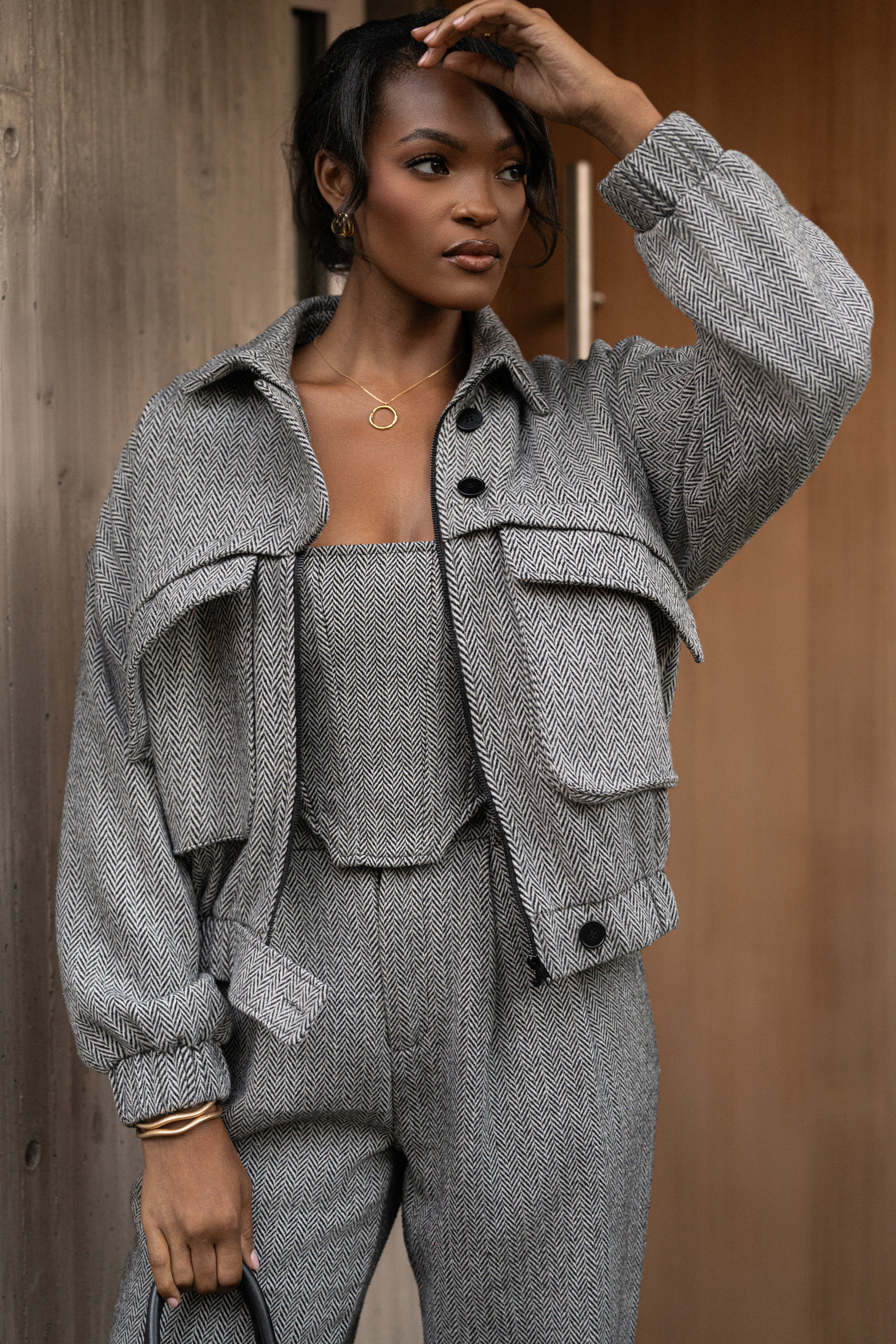 Classic Herringbone Bomber Jacket - Image 2