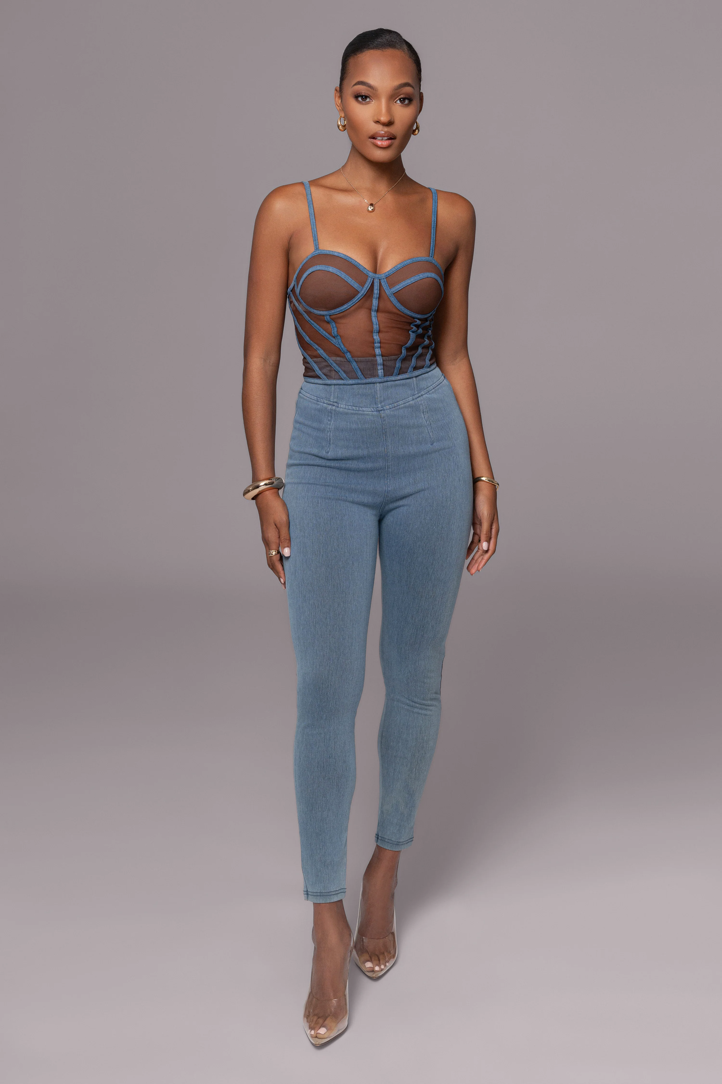Dark Denim Illusion Mesh Bustier - Image 10