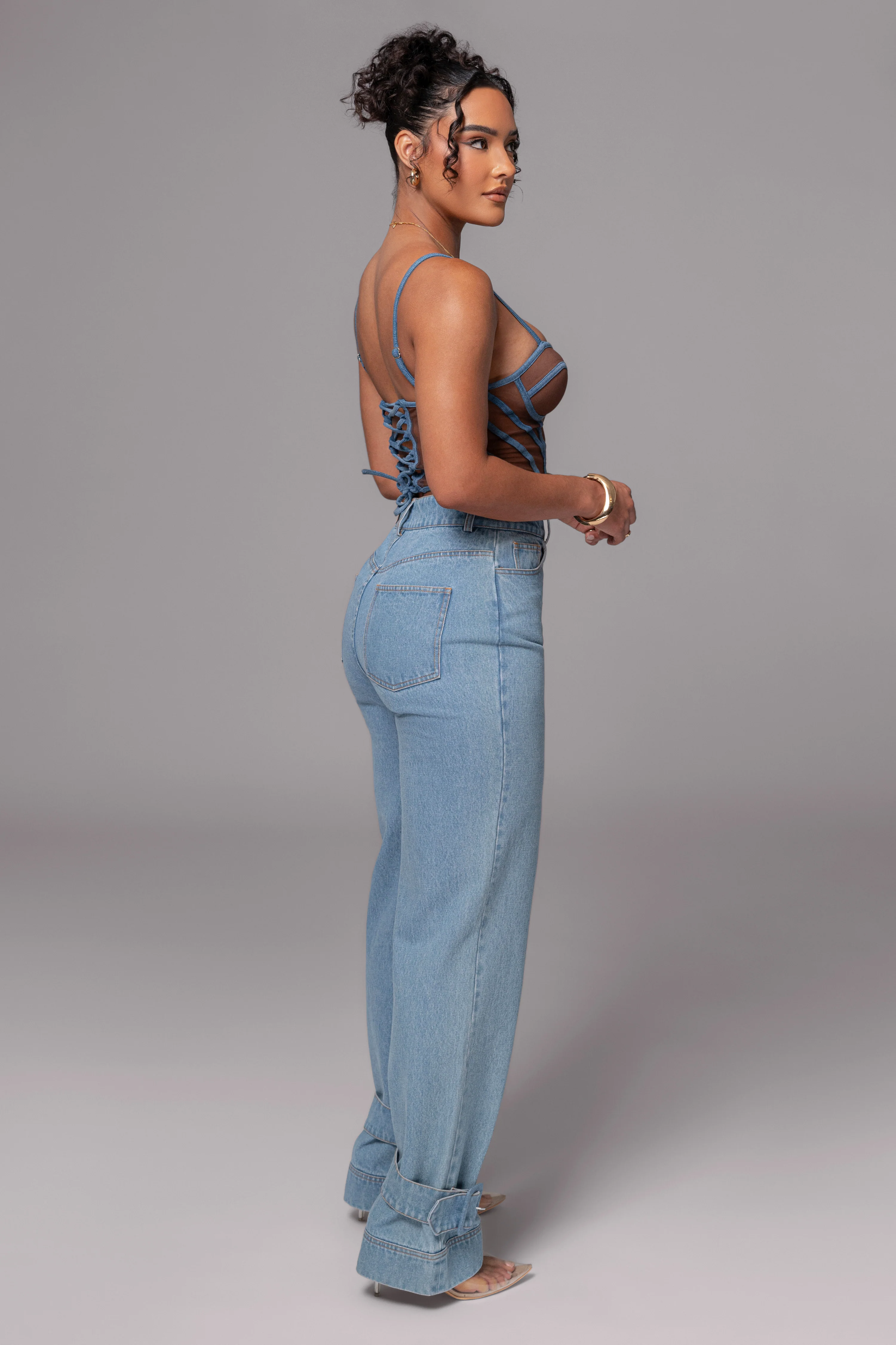 Dark Denim Illusion Mesh Bustier - Image 11