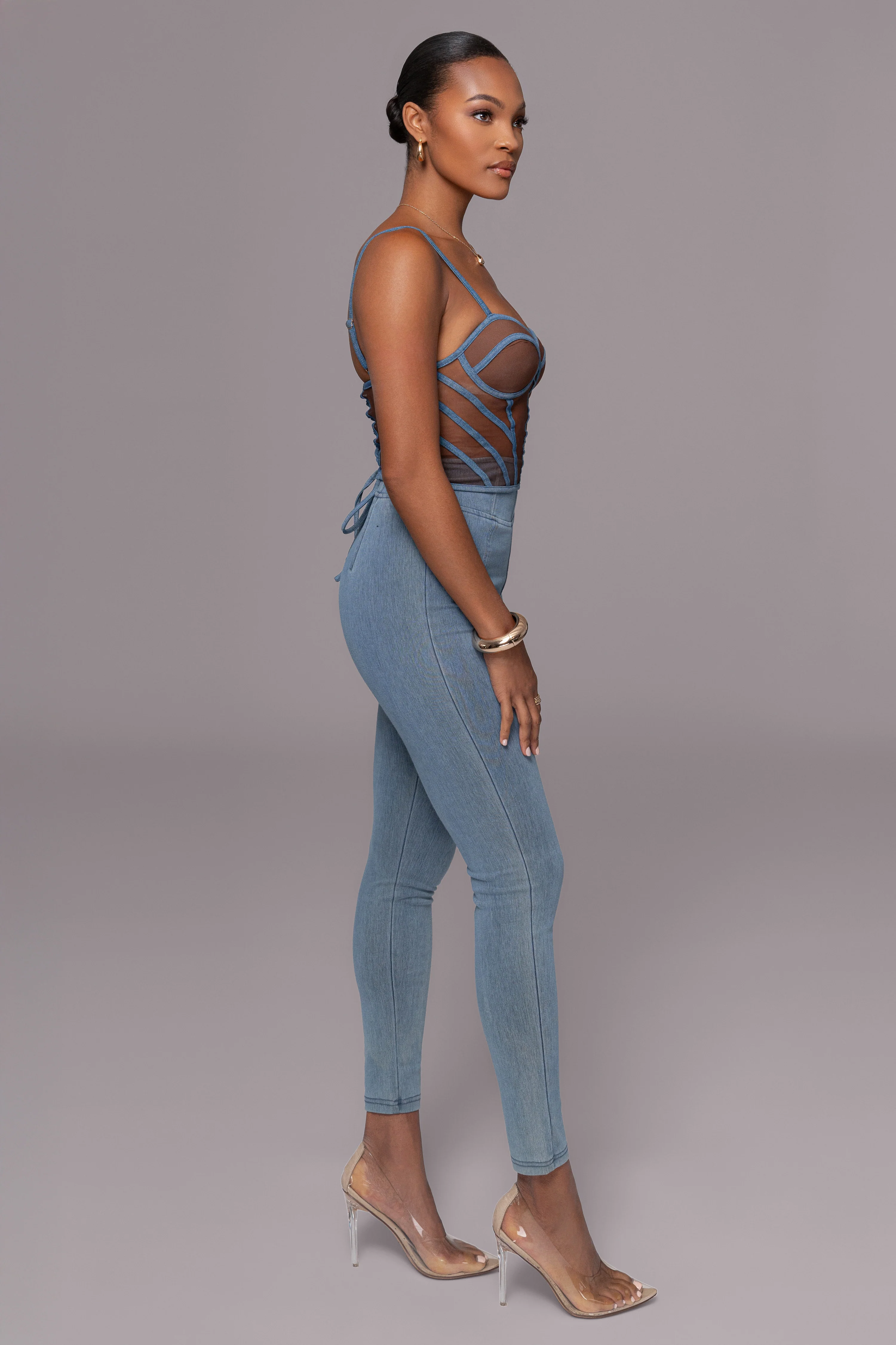 Dark Denim Illusion Mesh Bustier - Image 12