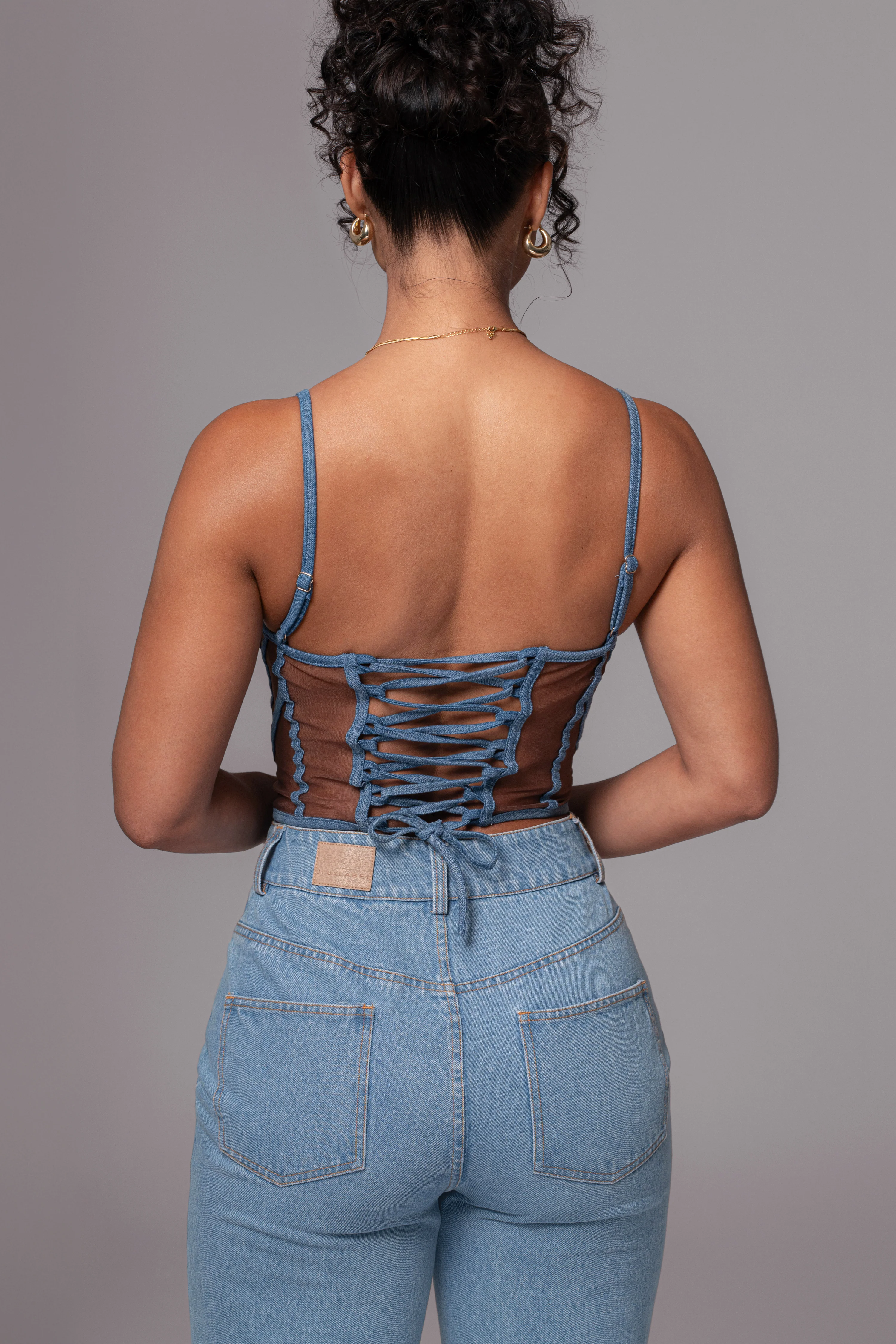 Dark Denim Illusion Mesh Bustier - Image 14