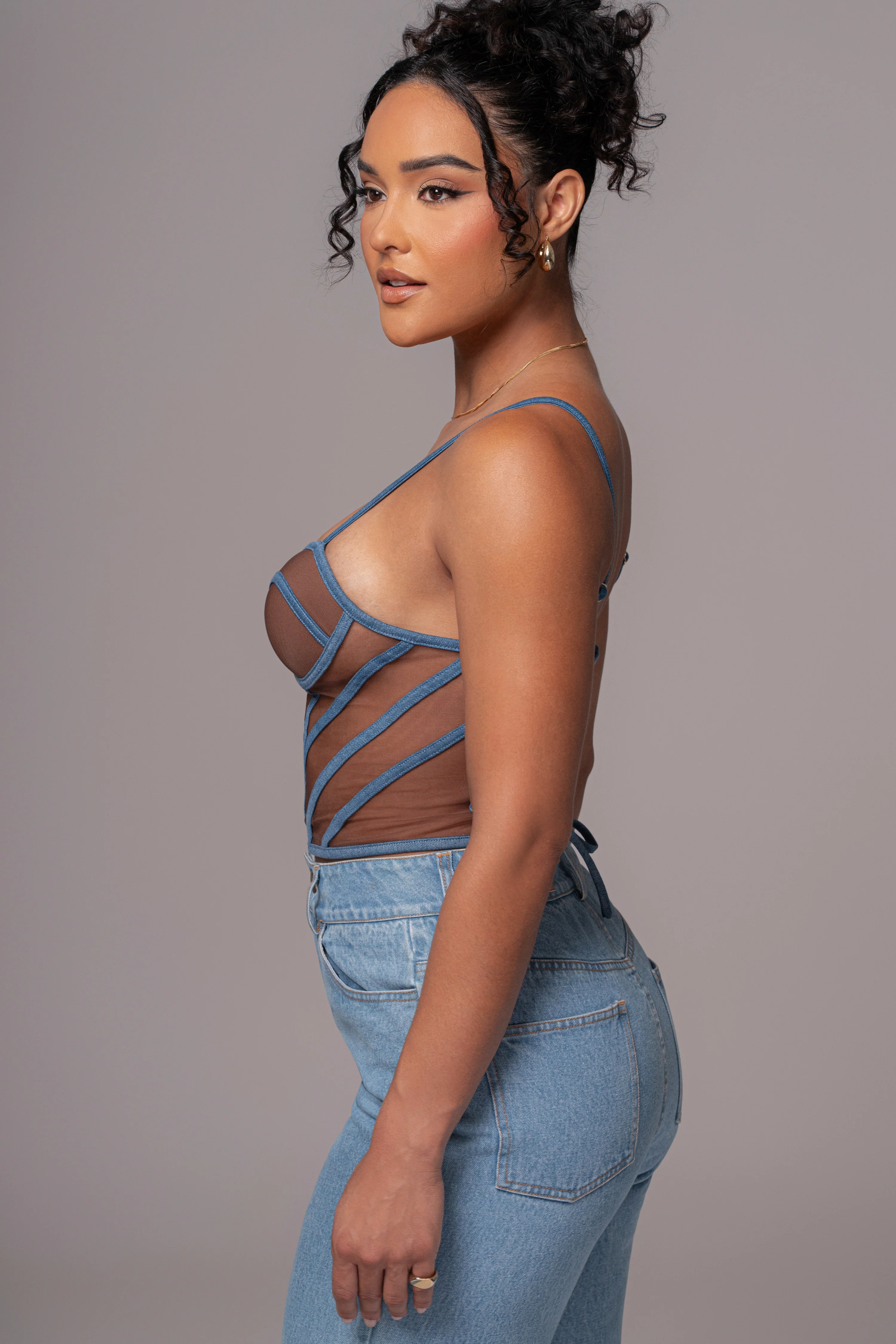 Dark Denim Illusion Mesh Bustier - Image 15