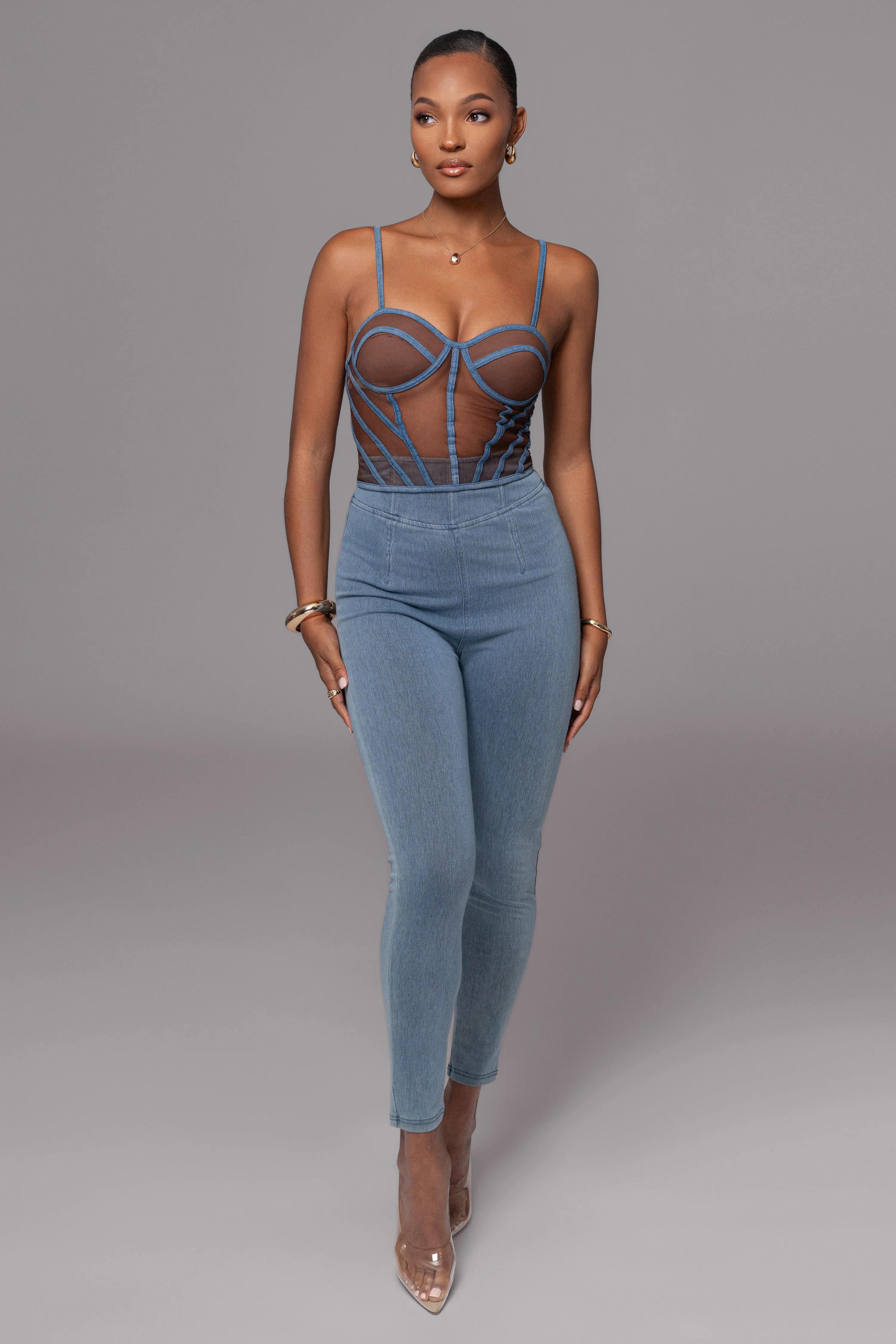 Dark Denim Illusion Mesh Bustier - Image 16