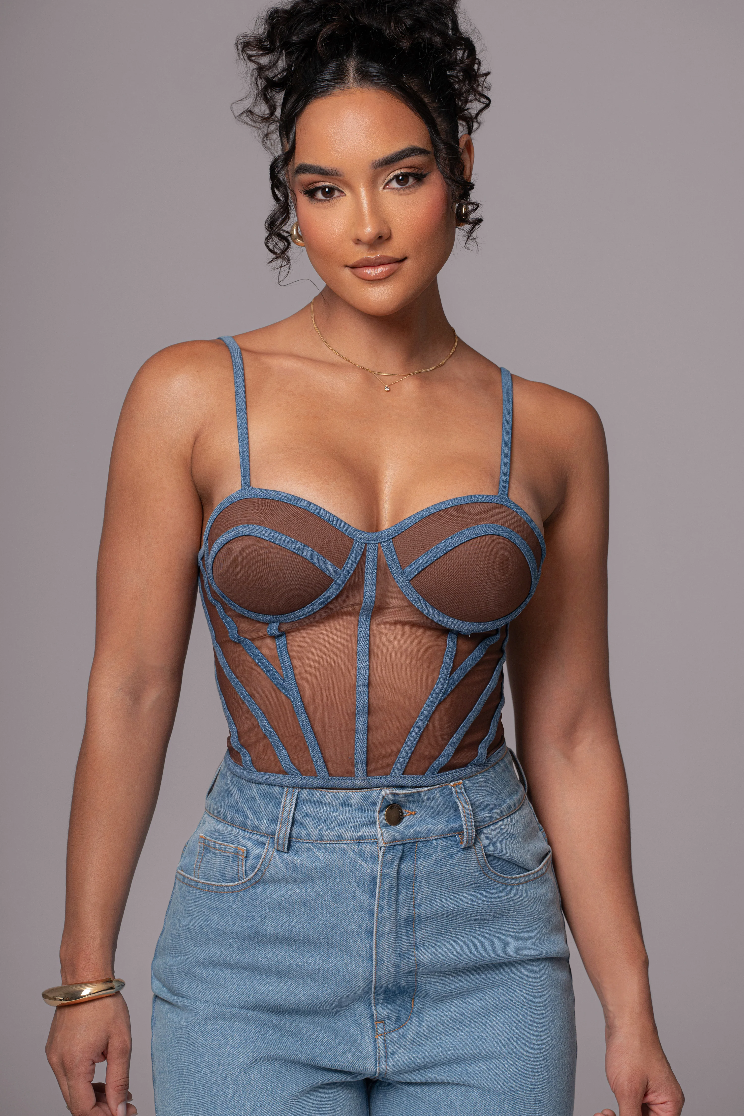 Dark Denim Illusion Mesh Bustier - Image 2