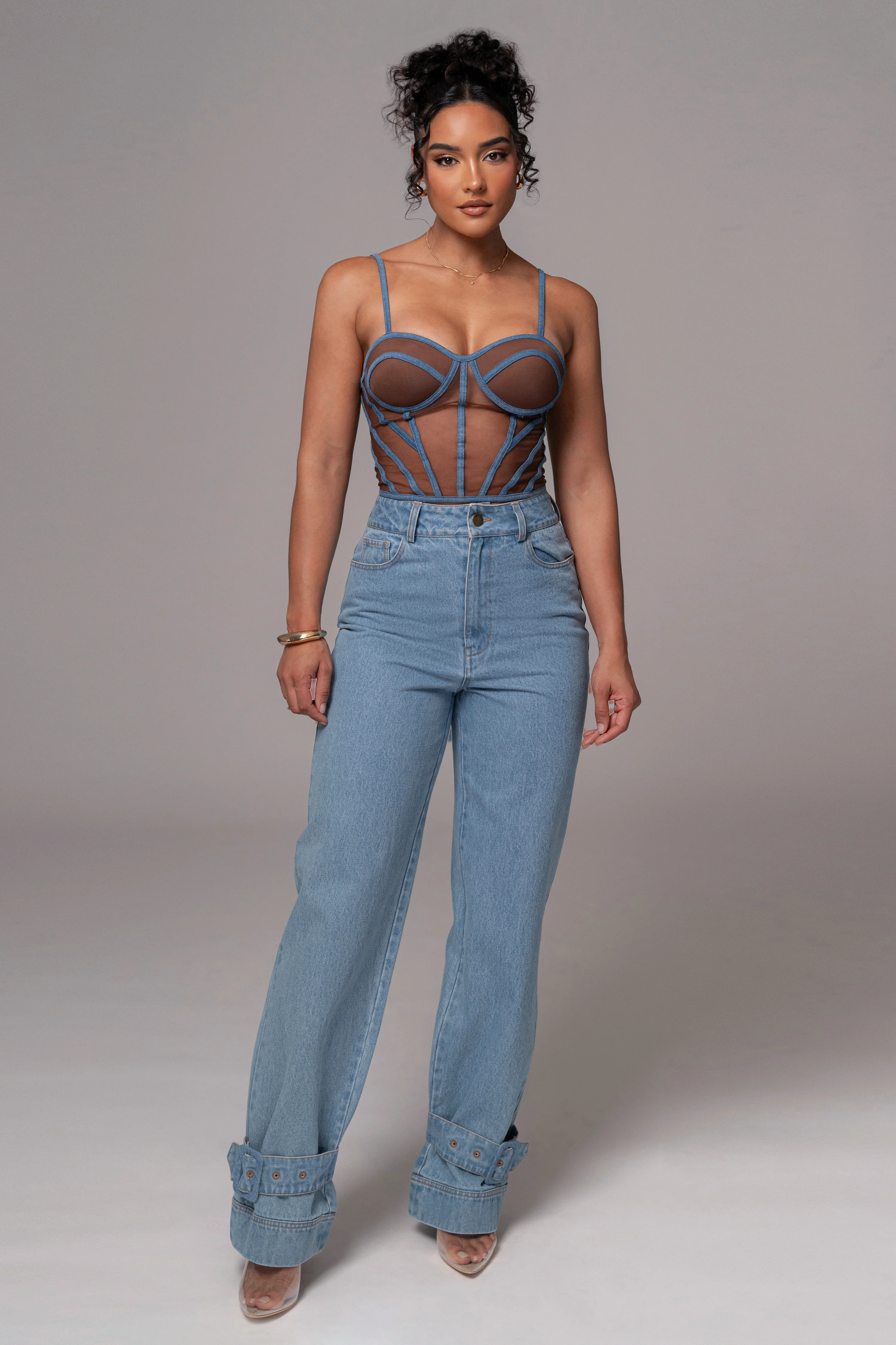 Dark Denim Illusion Mesh Bustier - Image 3