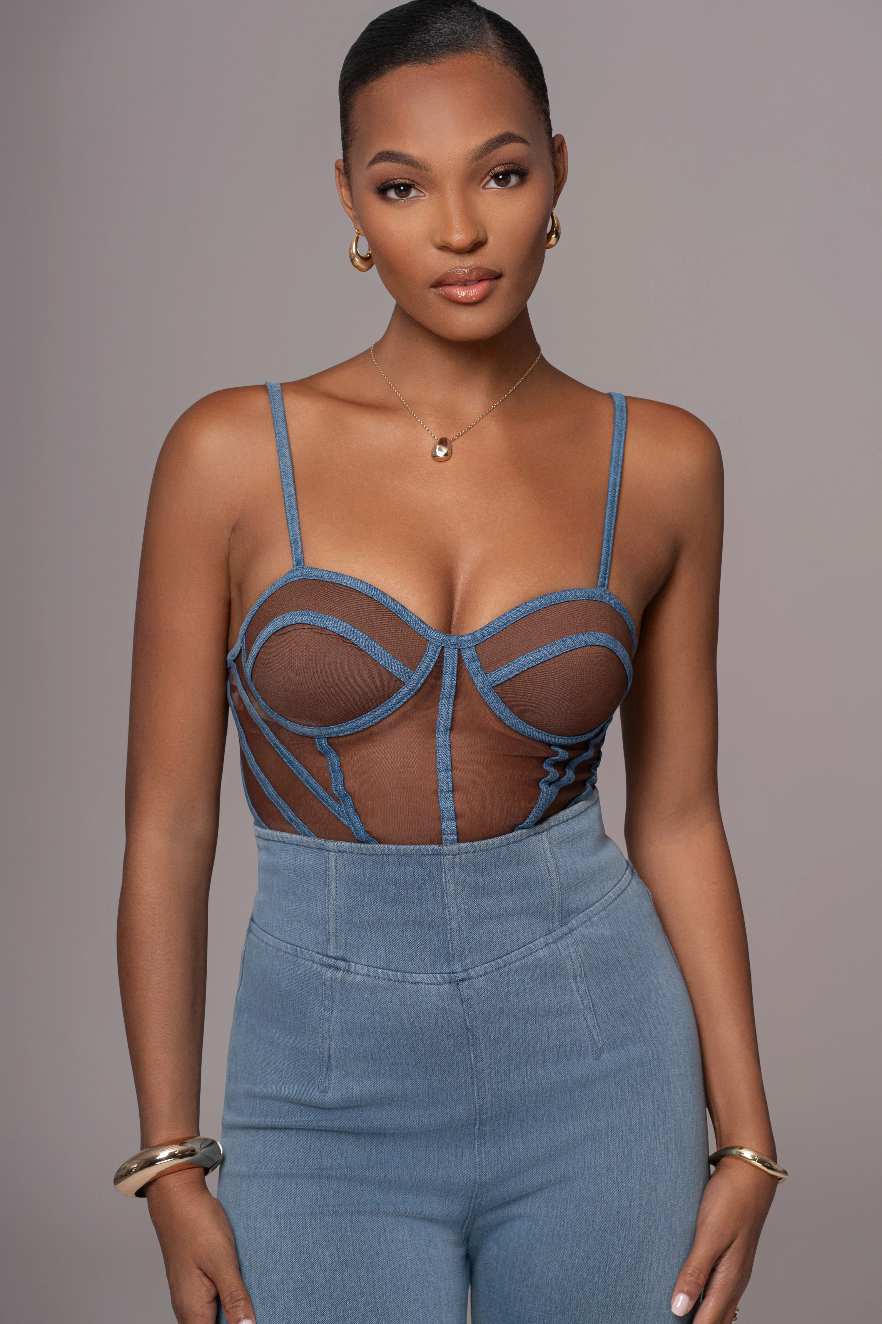Dark Denim Illusion Mesh Bustier - Image 6