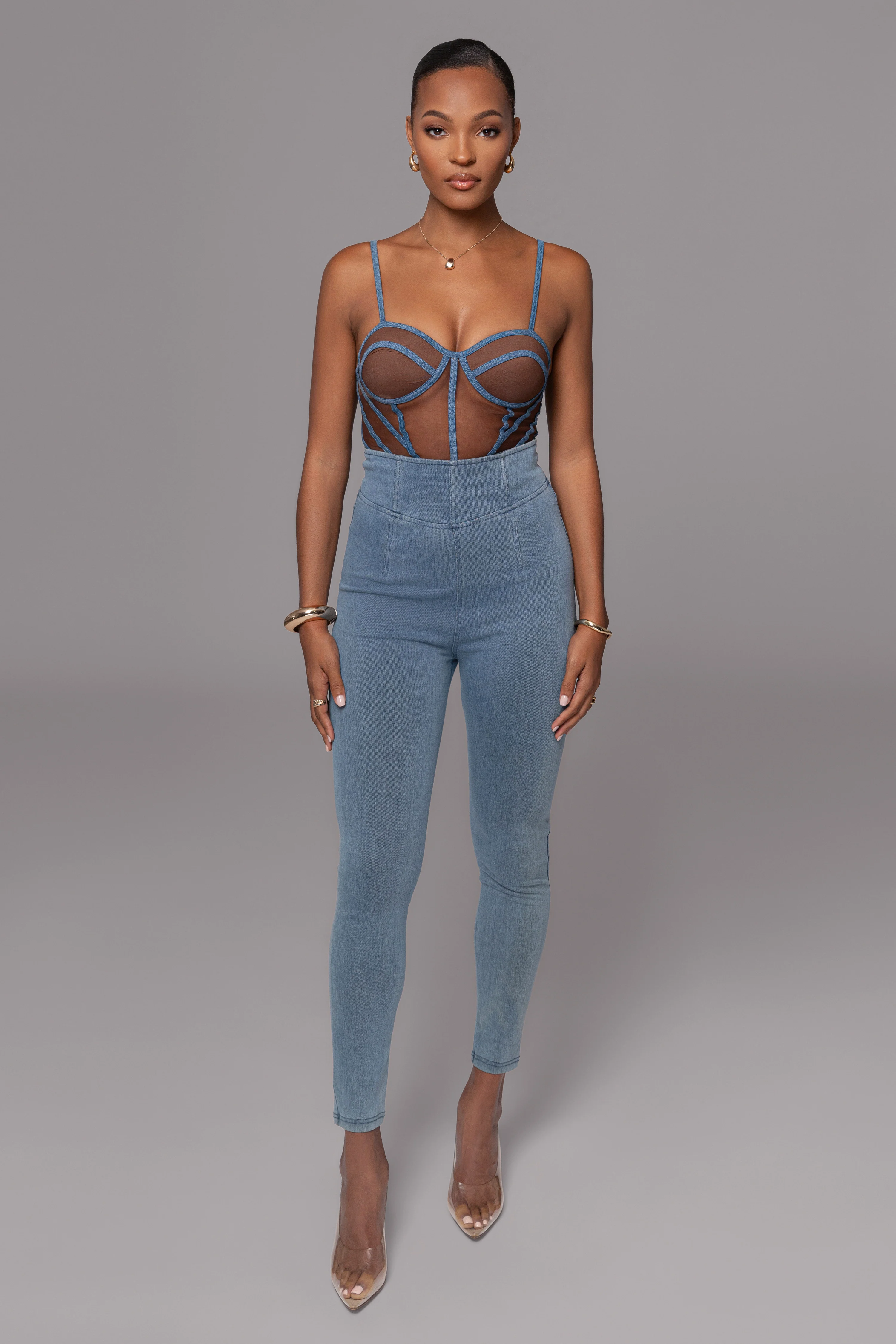 Dark Denim Illusion Mesh Bustier - Image 7