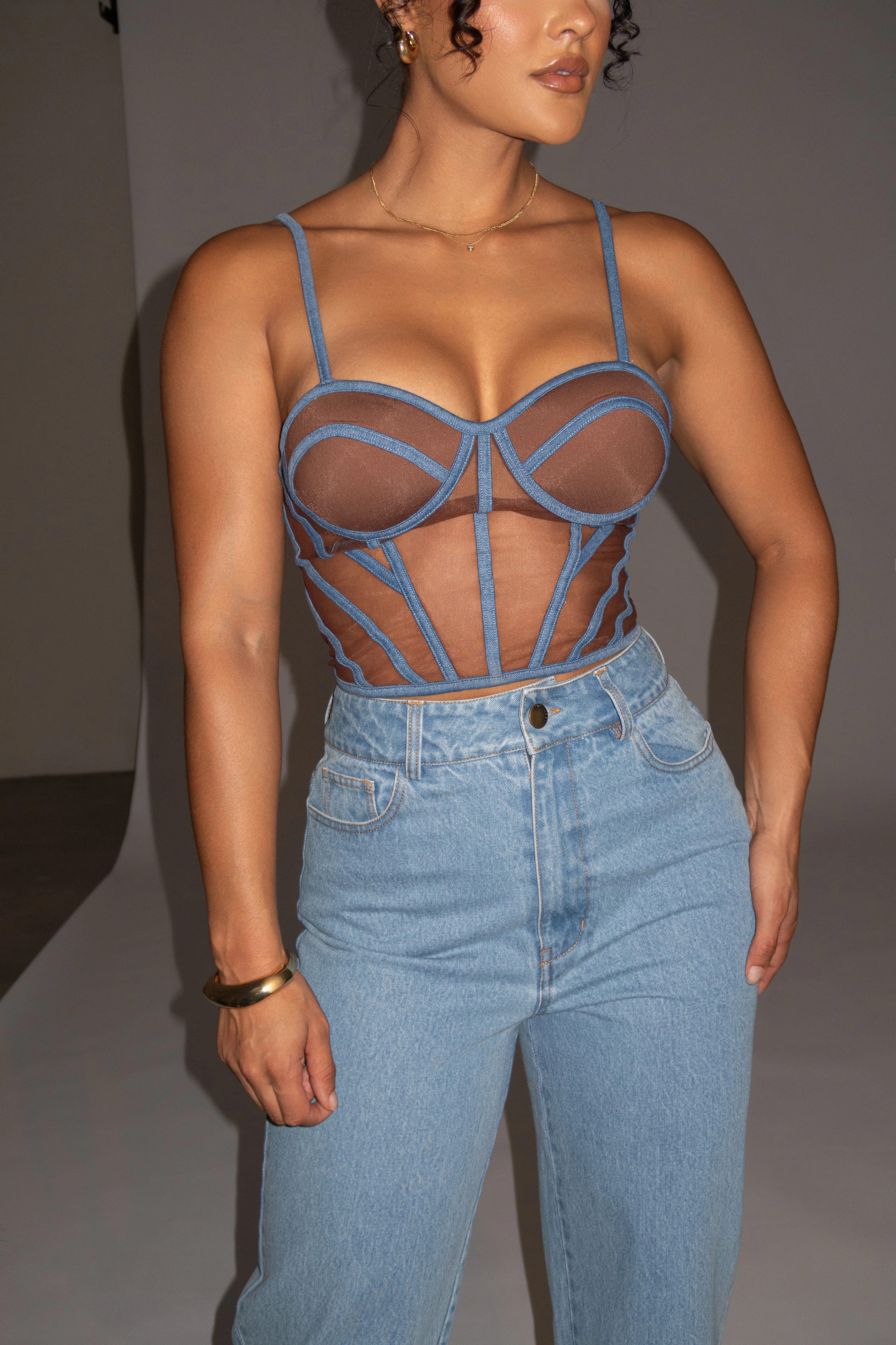 Dark Denim Illusion Mesh Bustier - Image 9