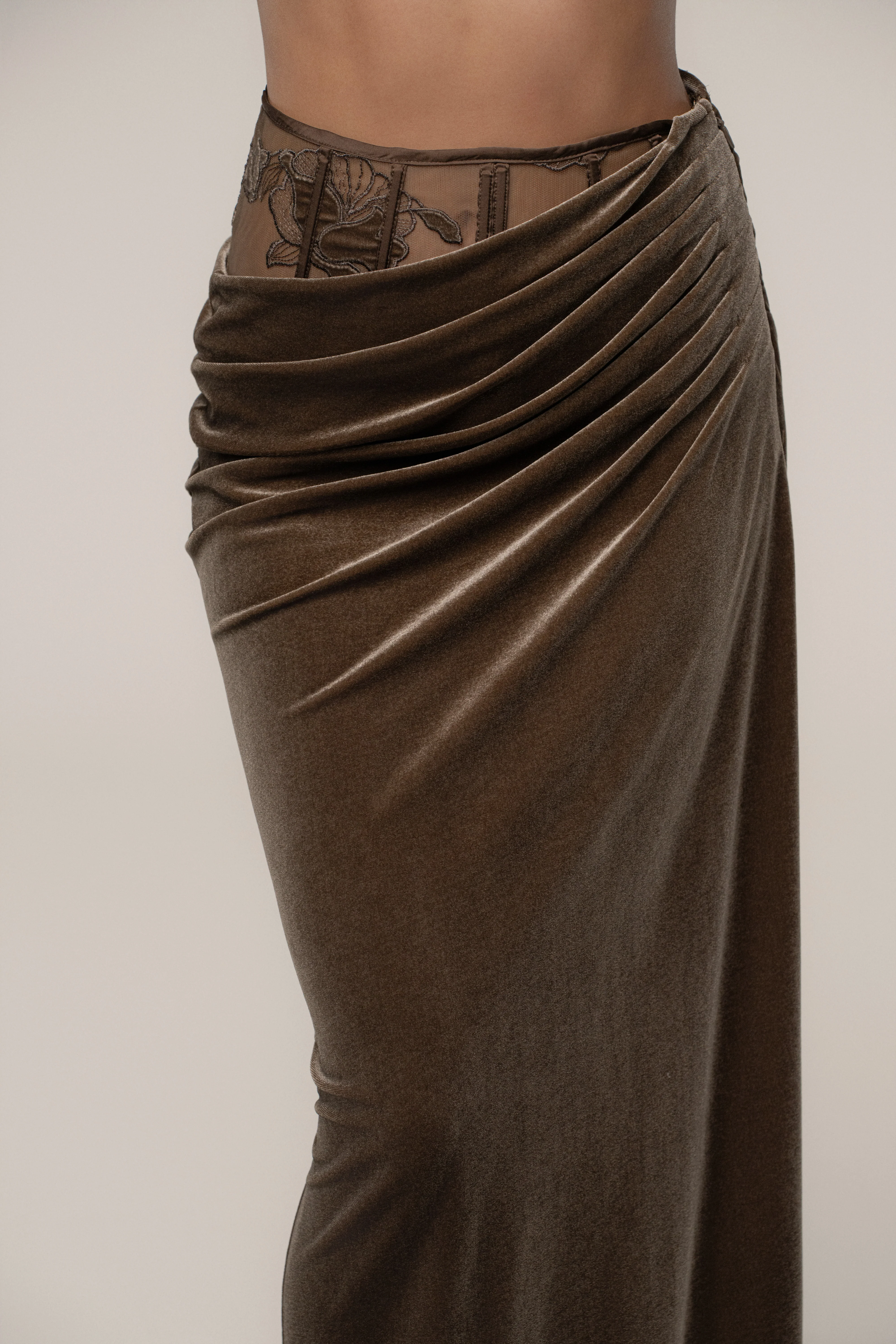 Dark Taupe Velvet And Lace Maxi Skirt - Image 9