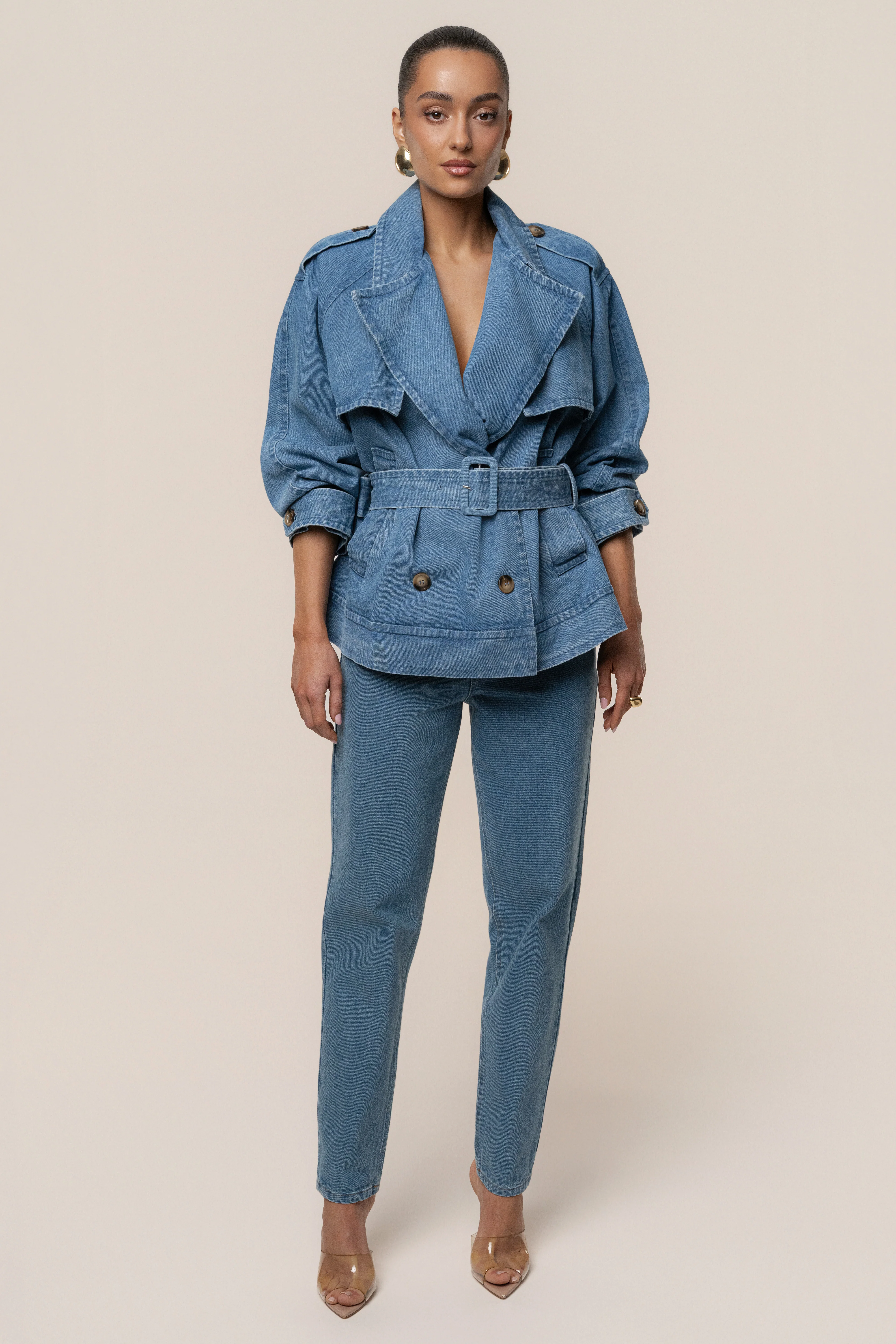 Medium Wash Double Breasted Denim Jacket - Image 7