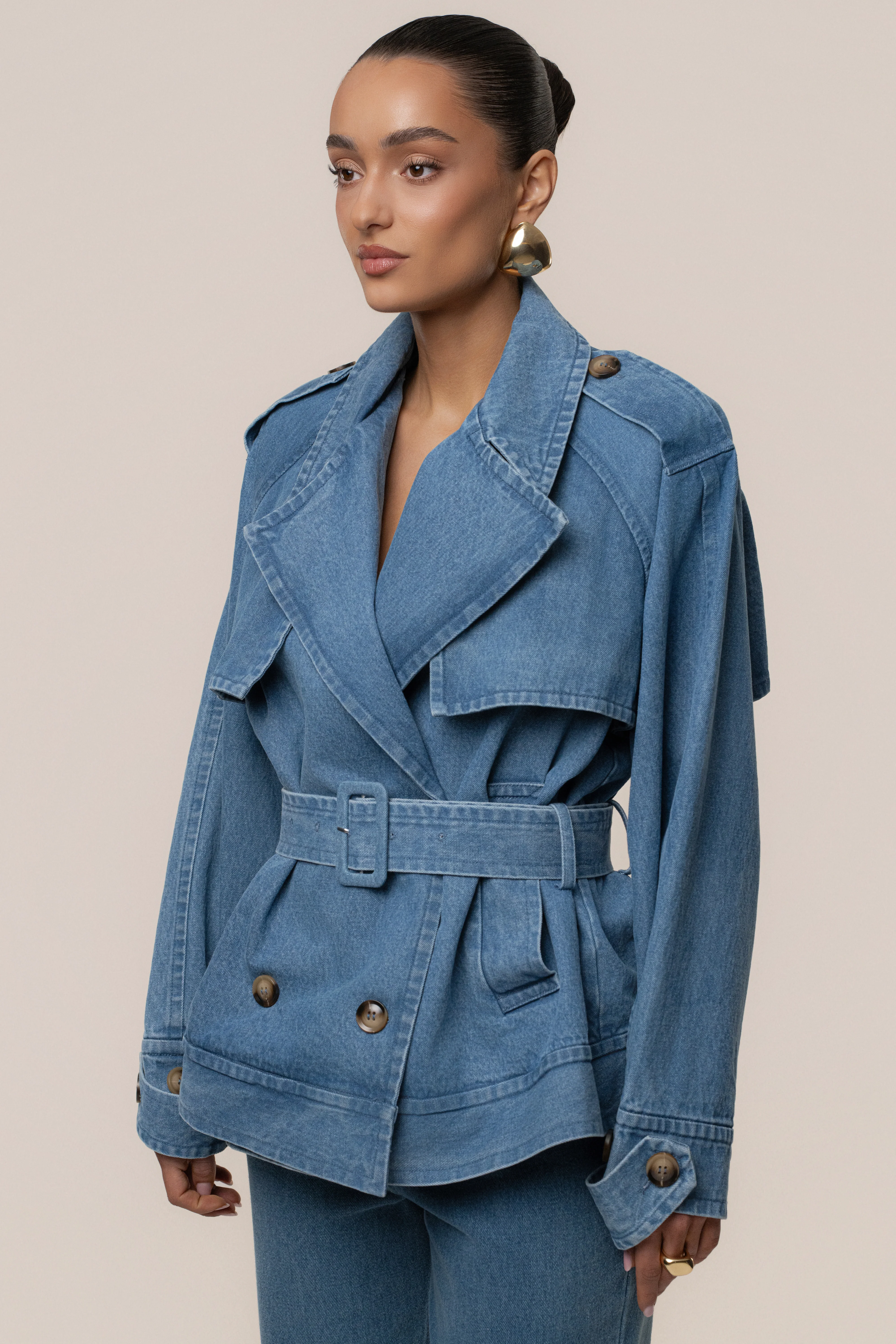 Medium Wash Double Breasted Denim Jacket - Image 9