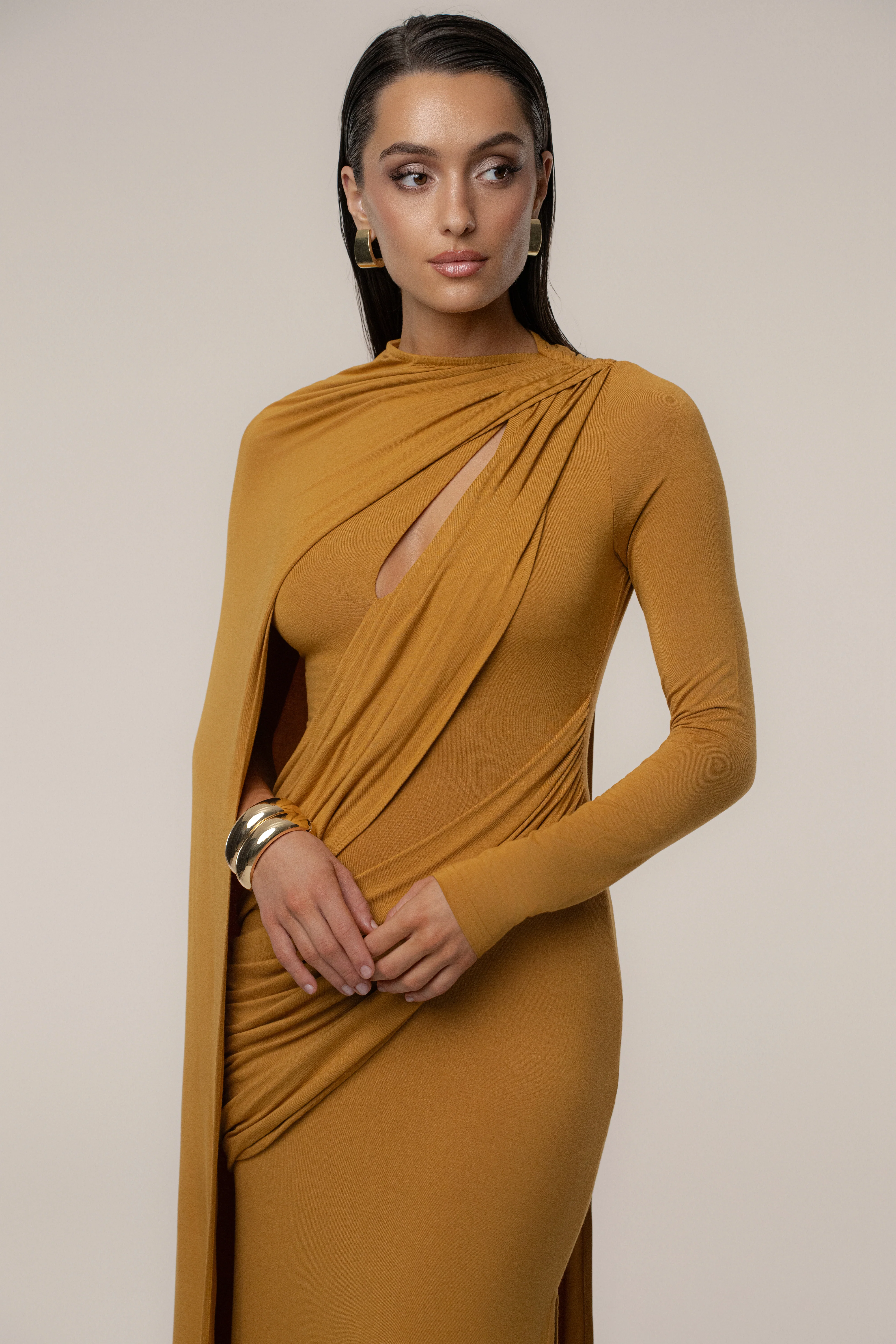 Gold Draped Elegance Cape Dress - Image 3